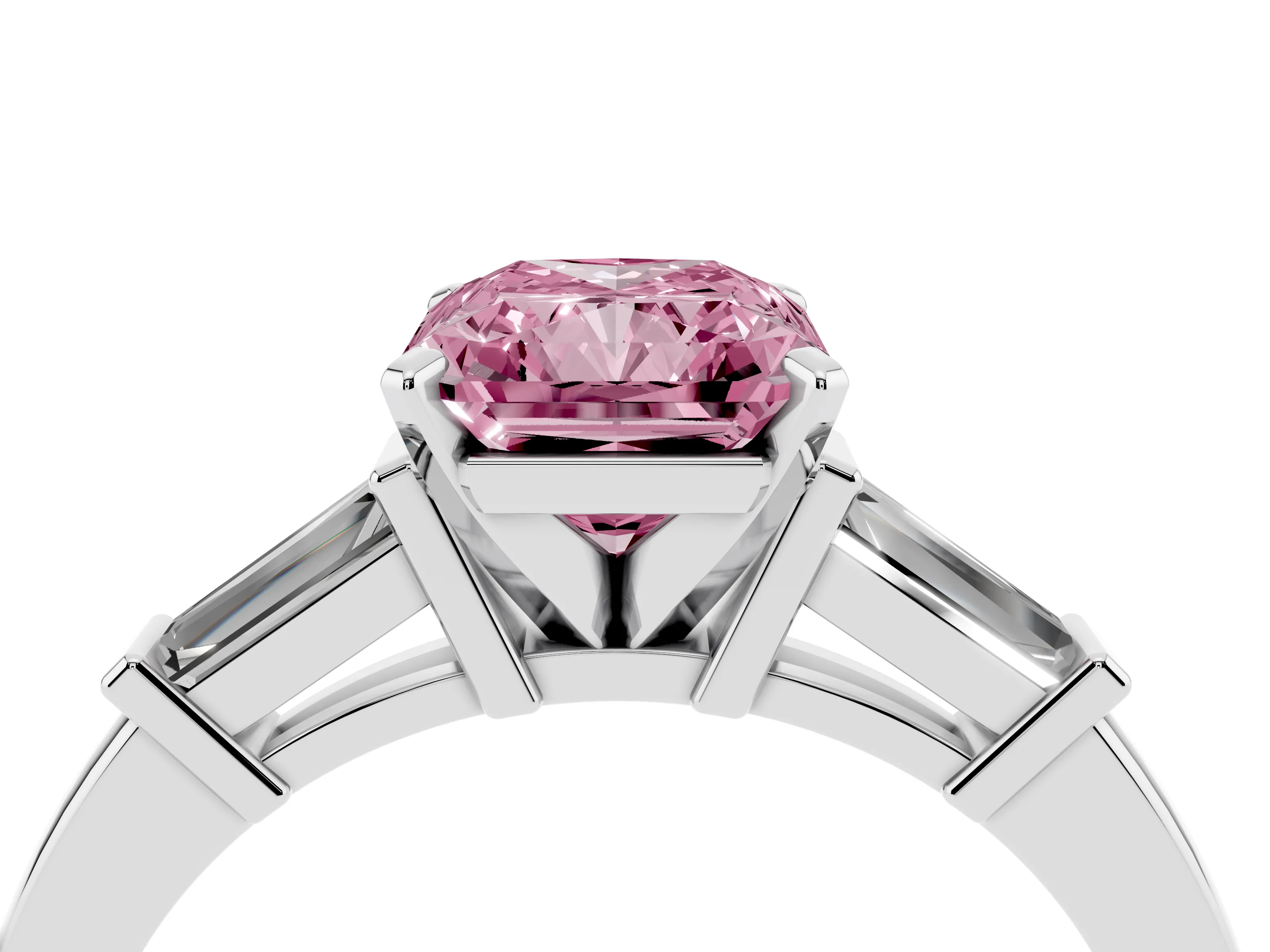 Fancy Pink Radiant Cut Diamond Solitaire Ring Set in Platinum with Tapered Baguette Accents and Prong Setting