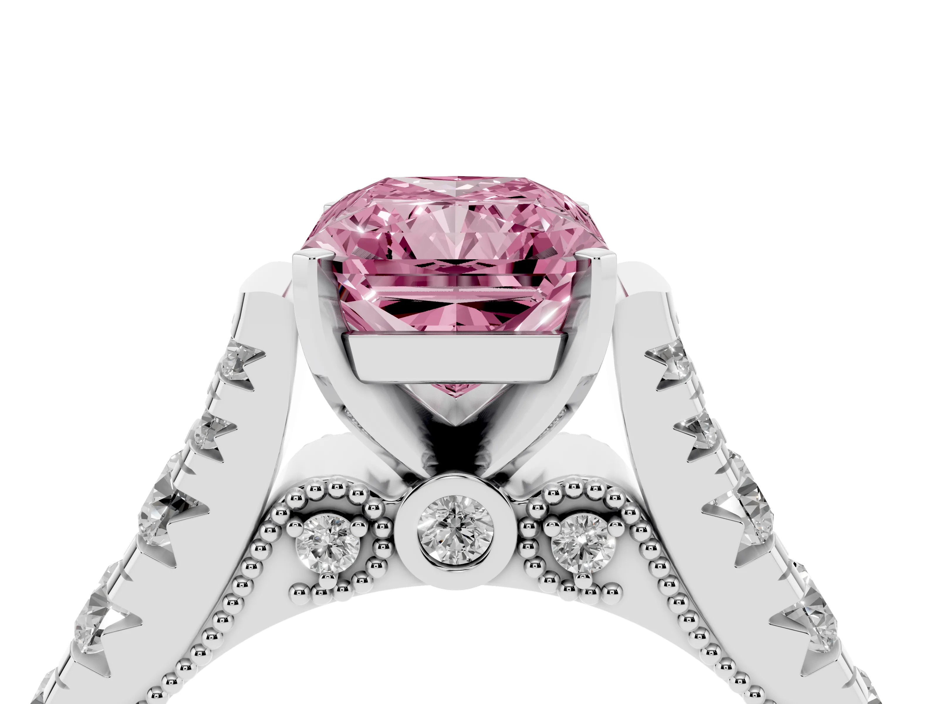 Fancy Pink Radiant Cut Diamond Classic Solitaire Ring Set in White gold with Pavé Band and Prong Setting