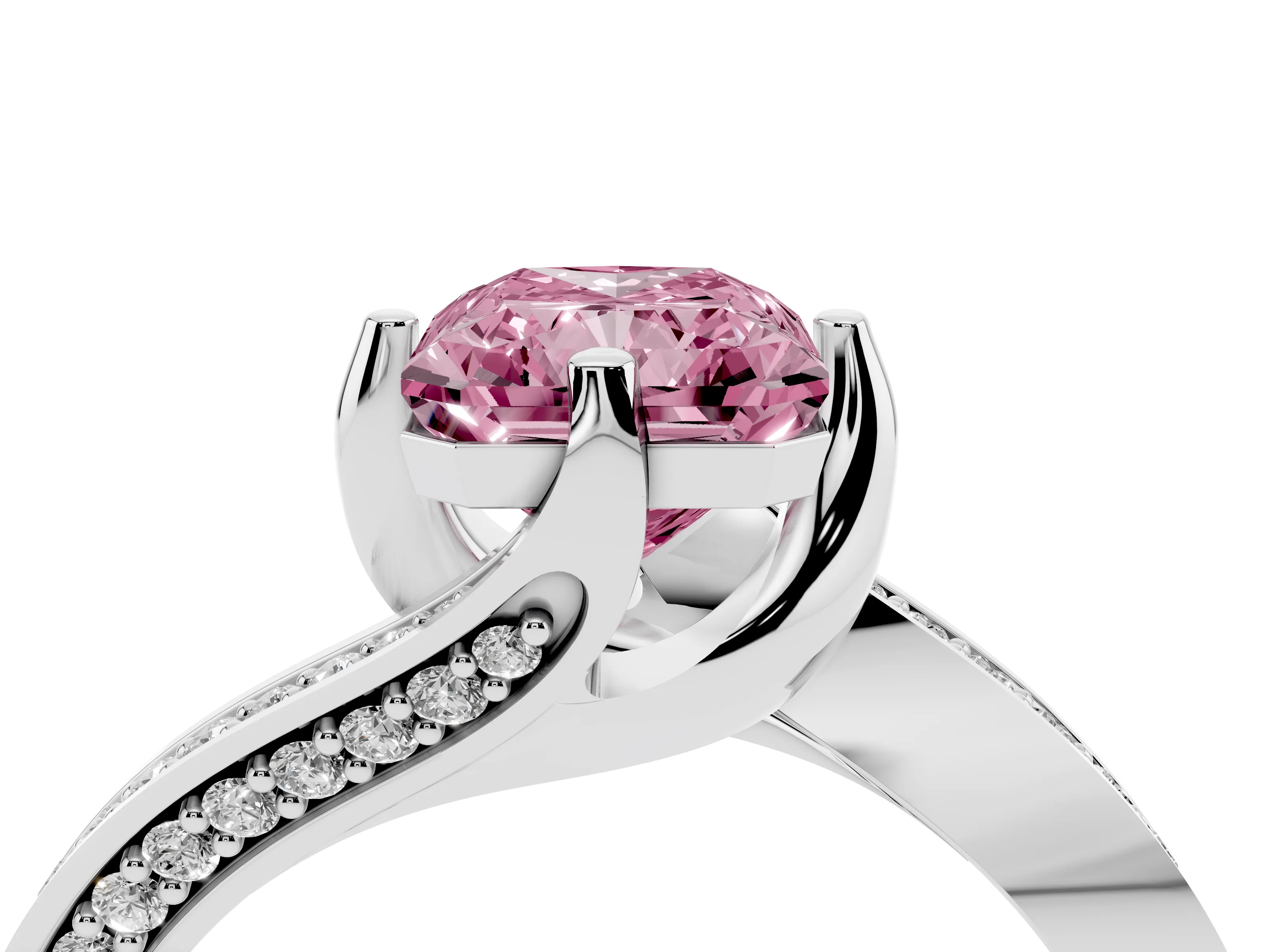 Fancy Pink Radiant Cut Diamond Solitaire Ring Set in White gold with Intertwined Pavé Twist Band
