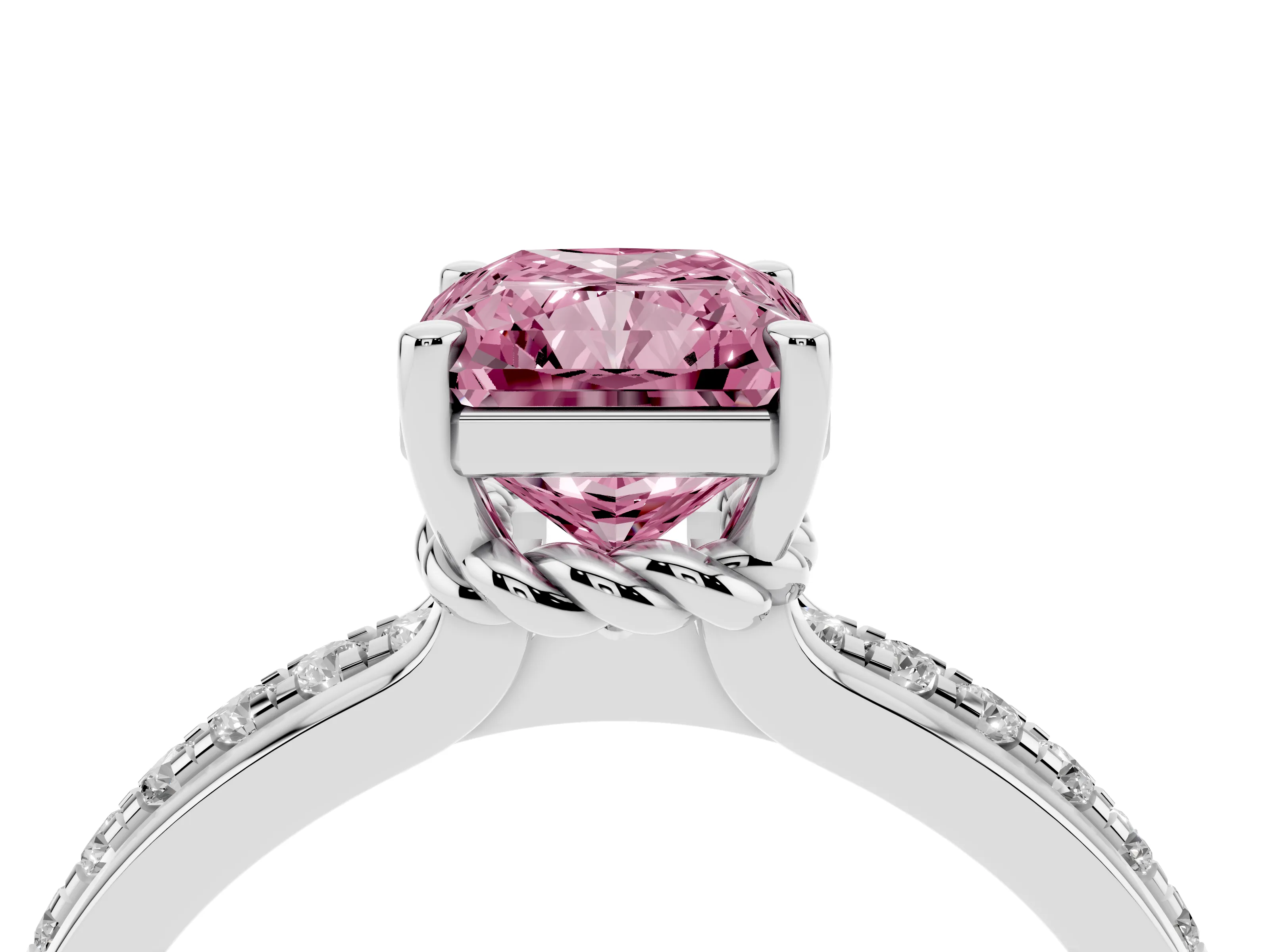 Fancy Pink Radiant Cut Diamond Solitaire Ring Set in White gold with Channel Set Band and Prong Setting