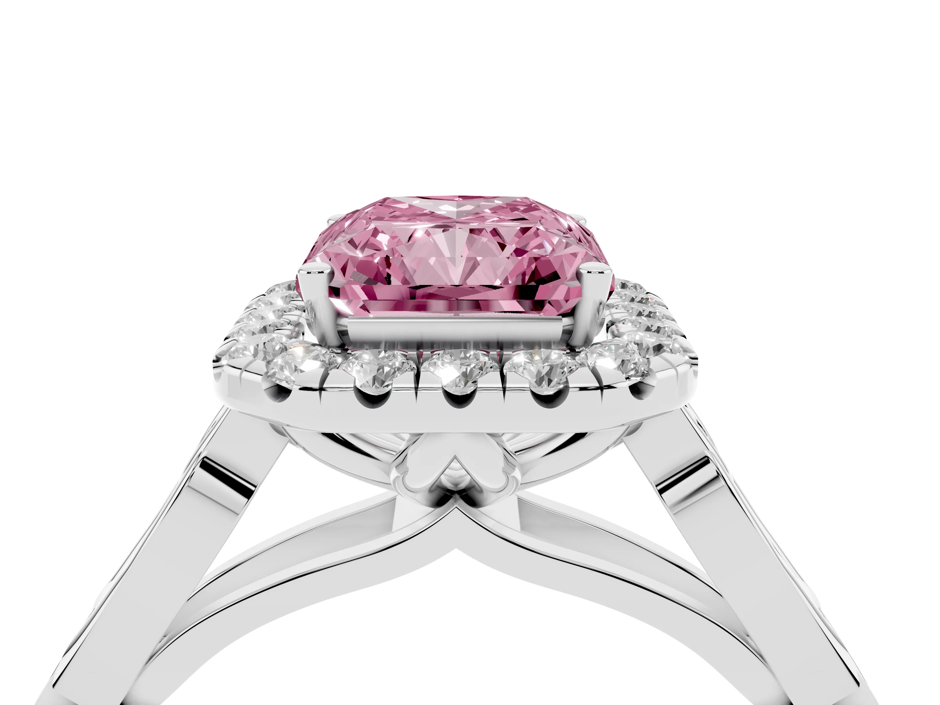 Fancy Pink Radiant Cut Diamond Halo Engagement Ring Set in Silver with Filigree Band and Prong-Set Center