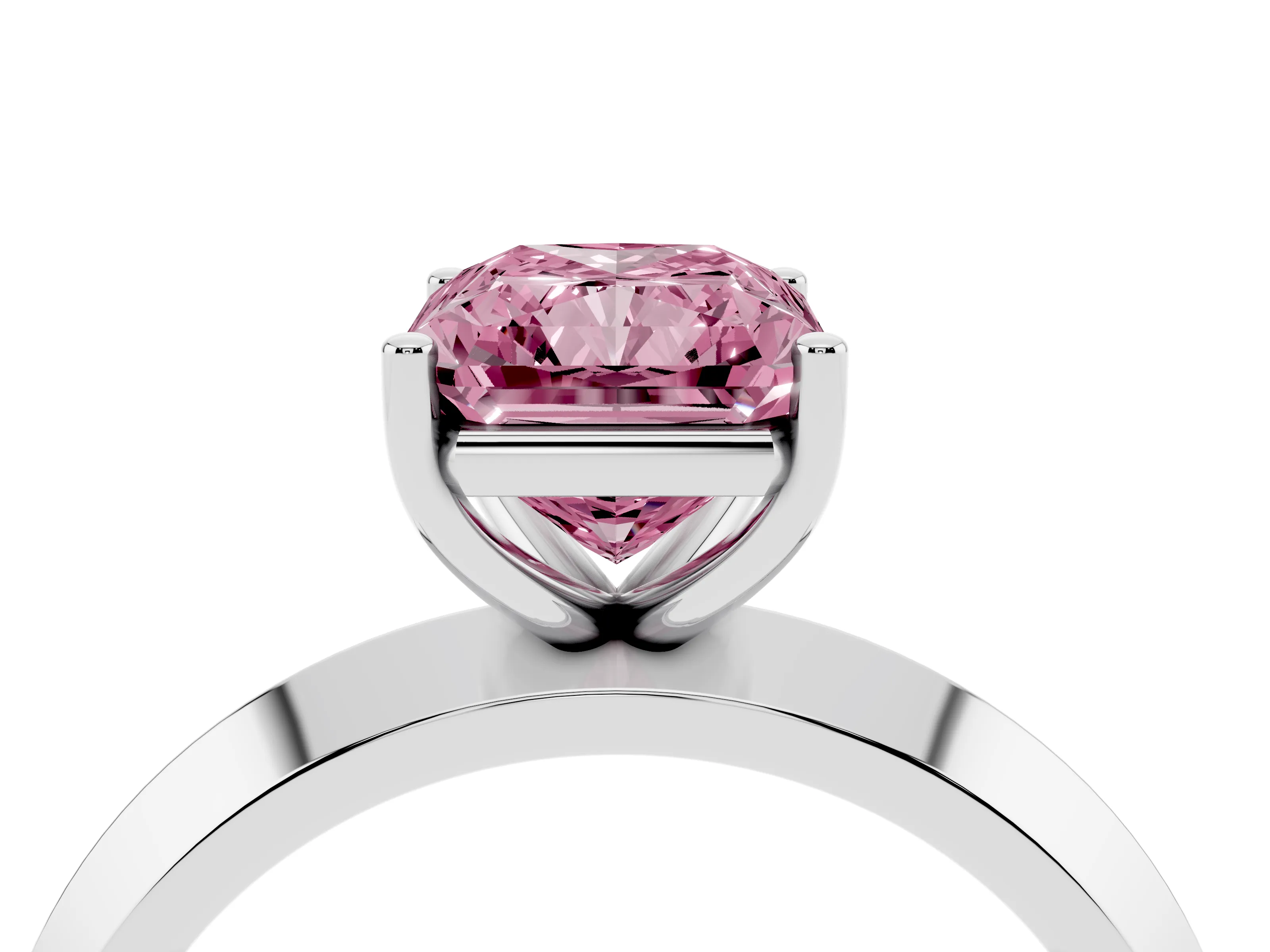 Fancy Pink Radiant Cut Diamond Solitaire Engagement Ring Set in Silver with Flat Band and Prong Setting