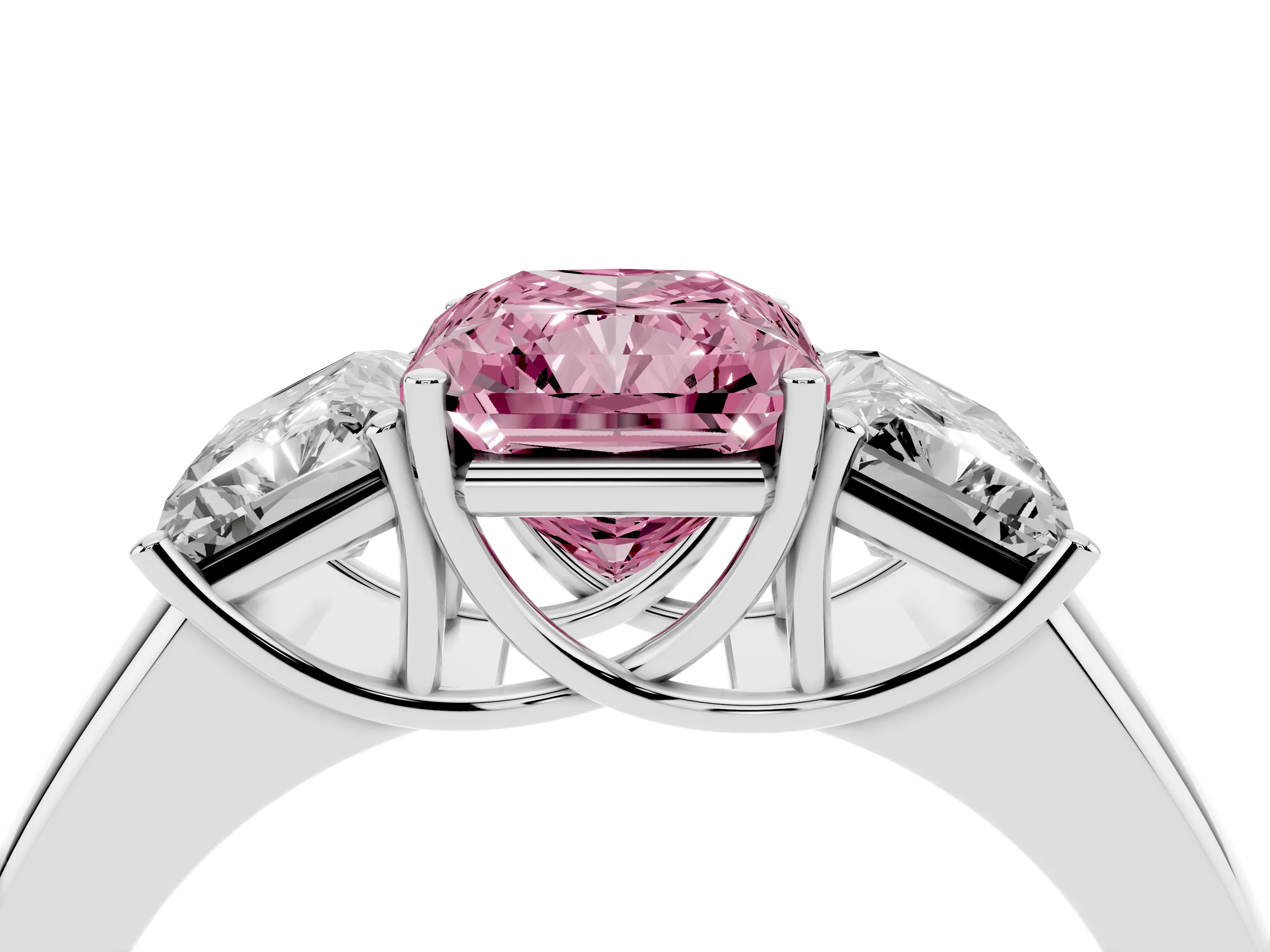 Fancy Pink Three-Stone Radiant Cut Diamond Ring Set in White gold with Matching Prong Settings and Plain Band