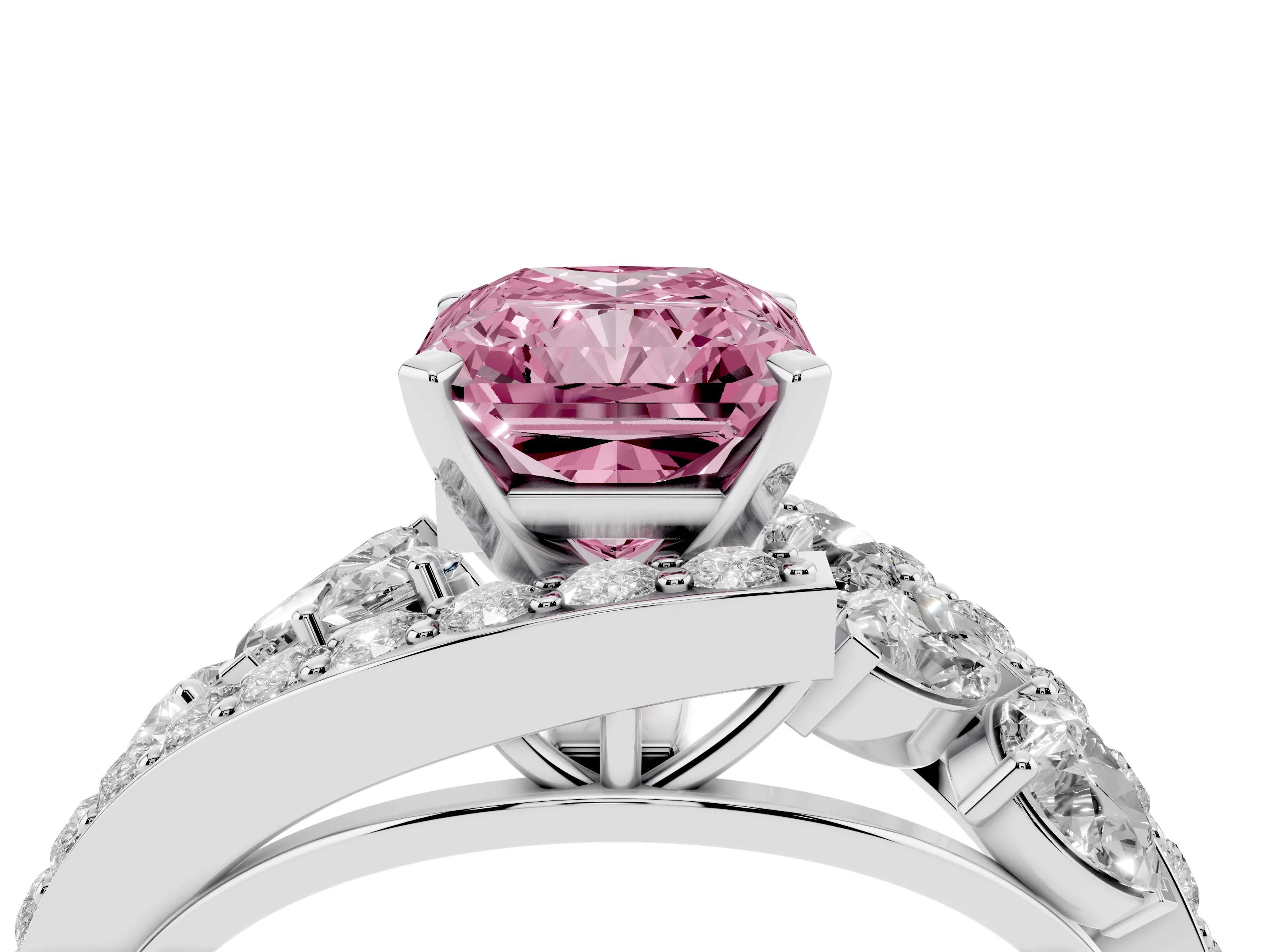 Fancy Pink Radiant Cut Diamond Halo Ring Set in Silver with Marquise and Pavé Band in Prong Setting
