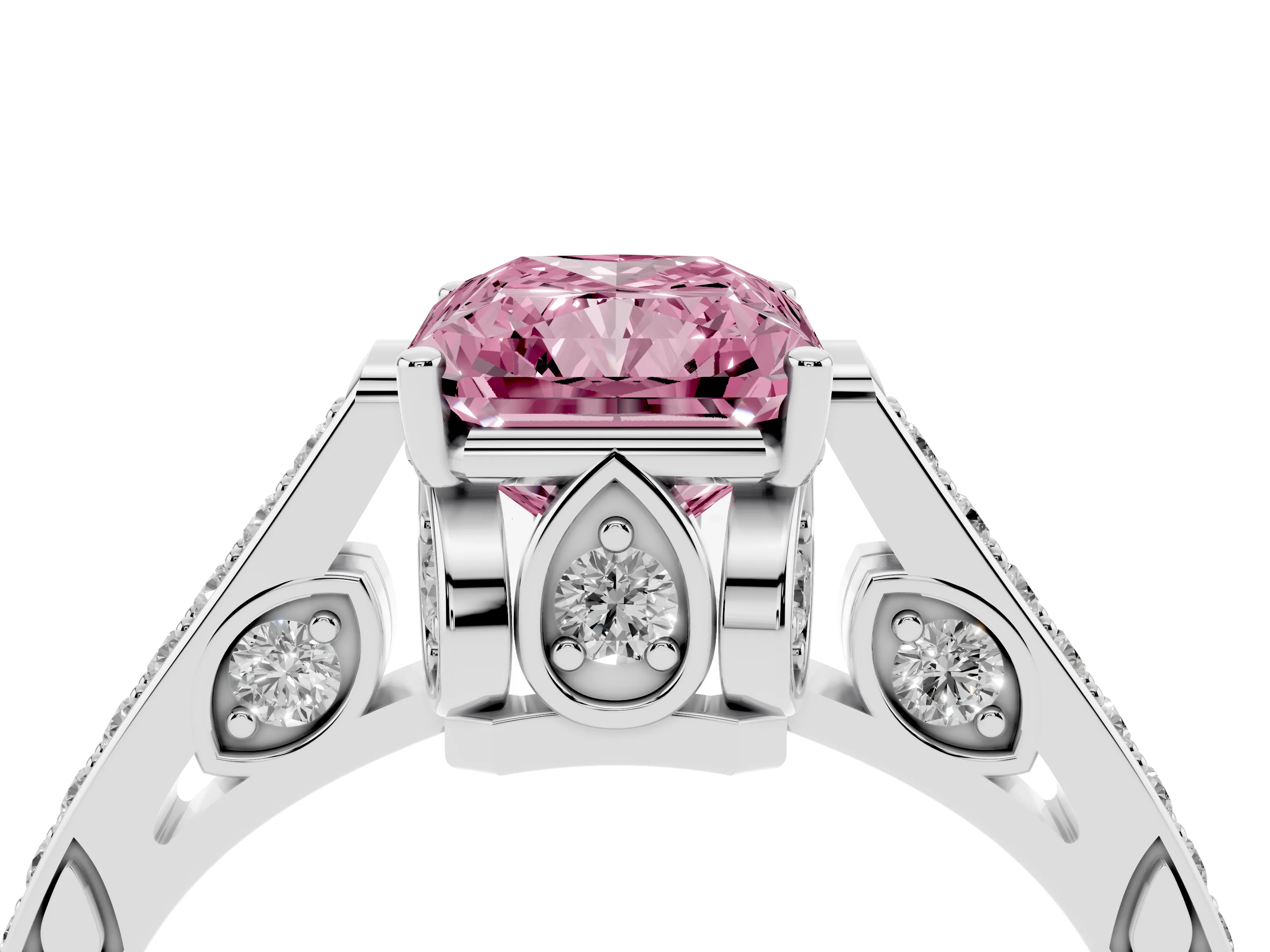 Fancy Pink Radiant Cut Diamond Cathedral Pavé Engagement Ring Set in White gold with Prong Setting