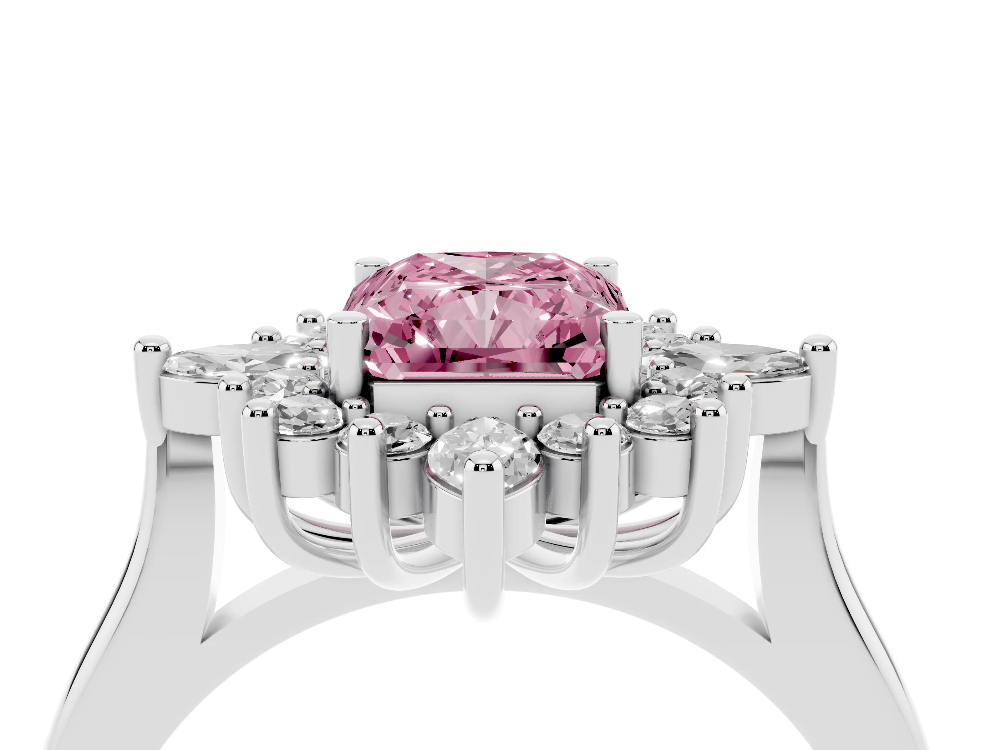 Fancy Pink Radiant Cut Diamond Cluster Halo Ring Set in Platinum with Marquise and Round Accents