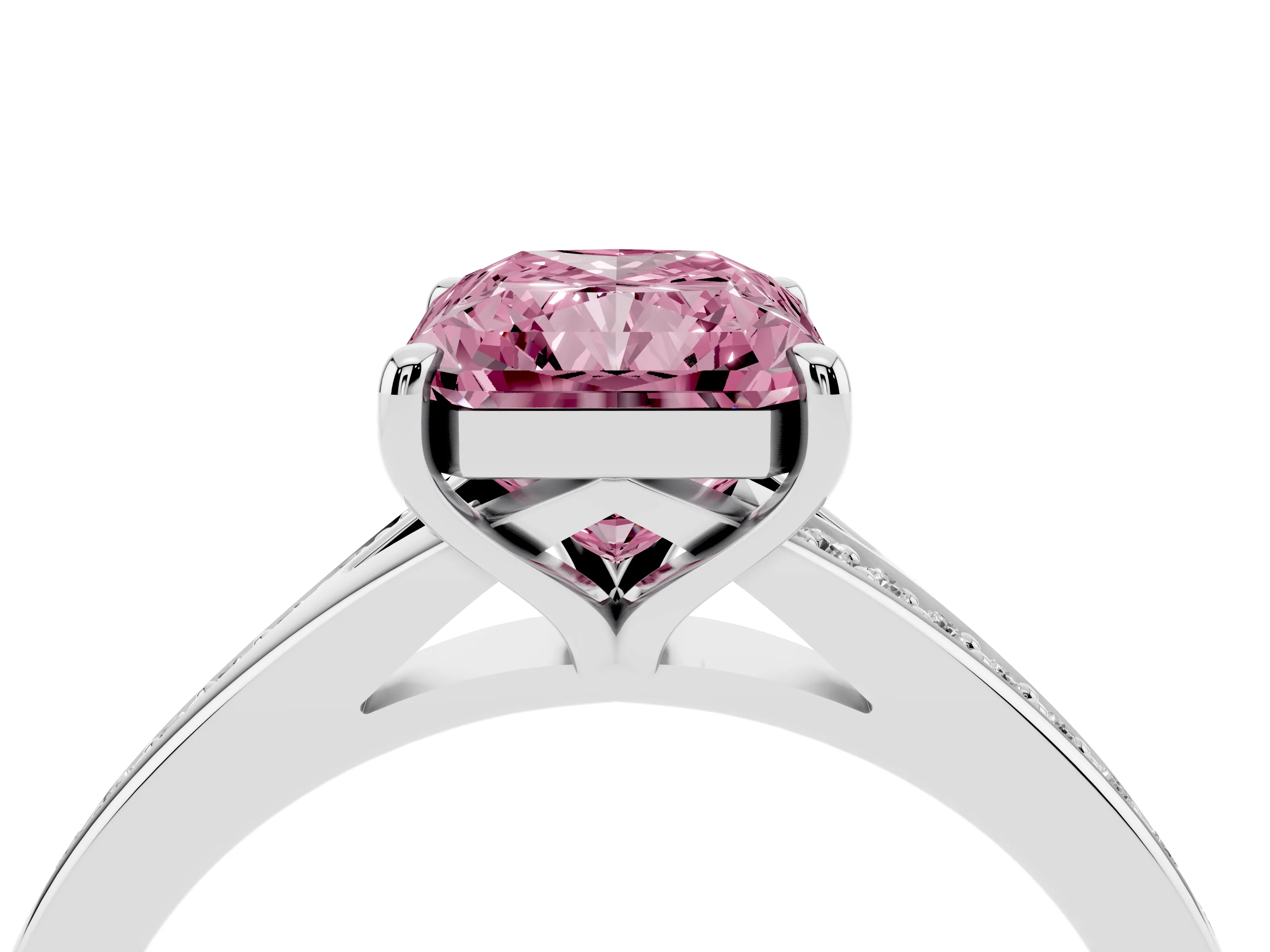 Fancy Pink Radiant Cut Diamond Solitaire Ring Set in Platinum with Pavé Accent Band and Classic Prong Setting