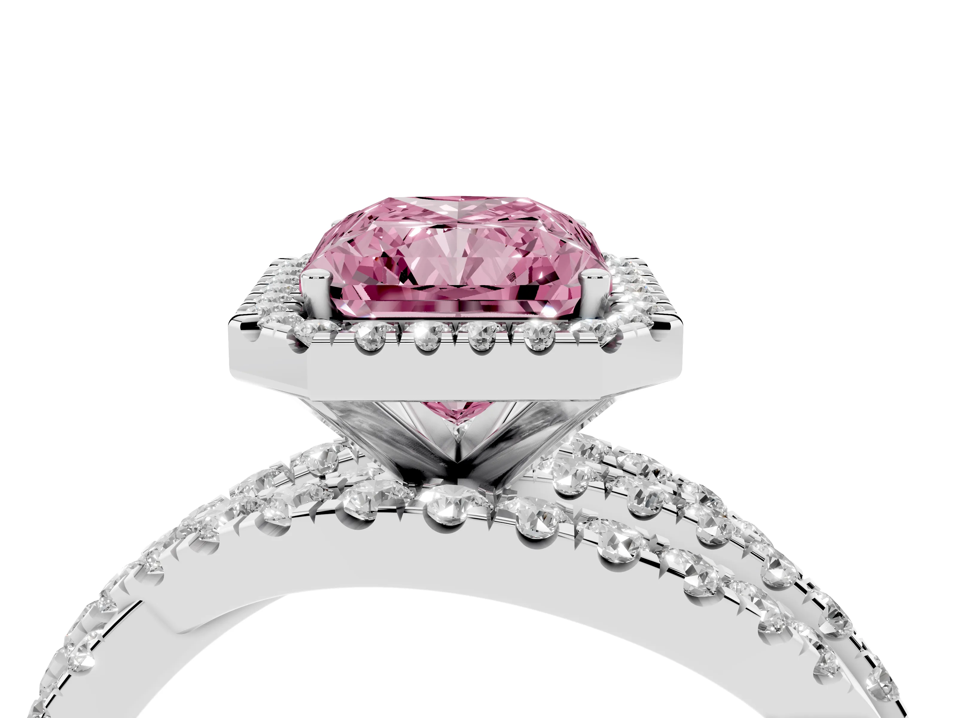 Fancy Pink Radiant Cut Diamond Halo Ring Set in Platinum with Round Crossover Split Shank and Prong Setting