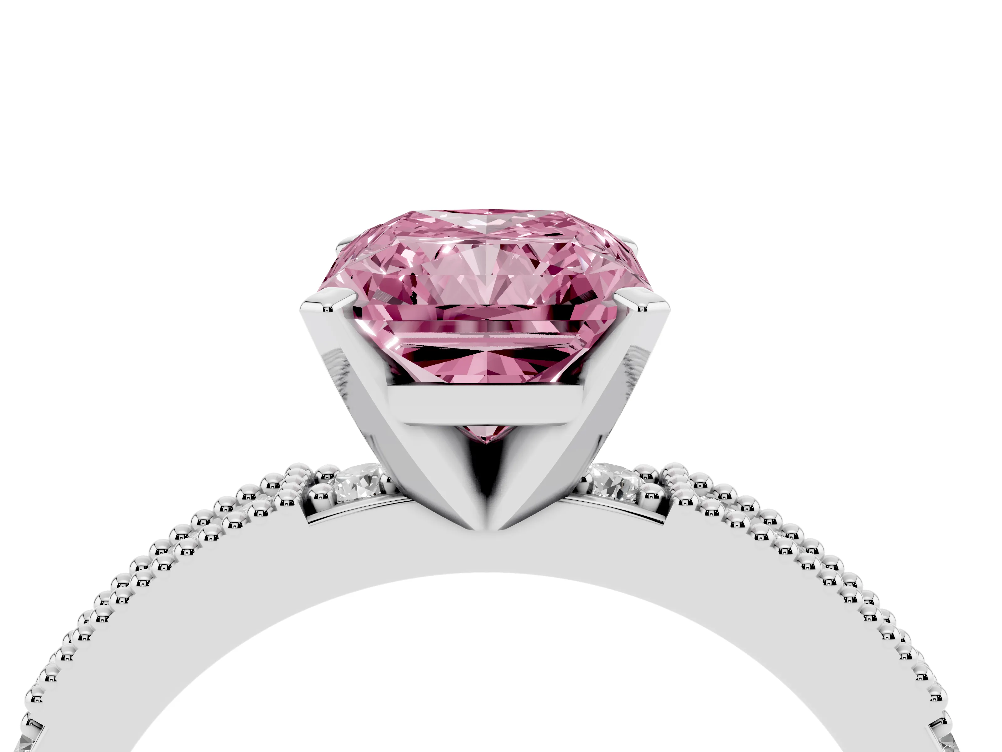 Fancy Pink Radiant Cut Diamond Solitaire Ring Set in Silver with Slim Pavé Band and Prong Setting