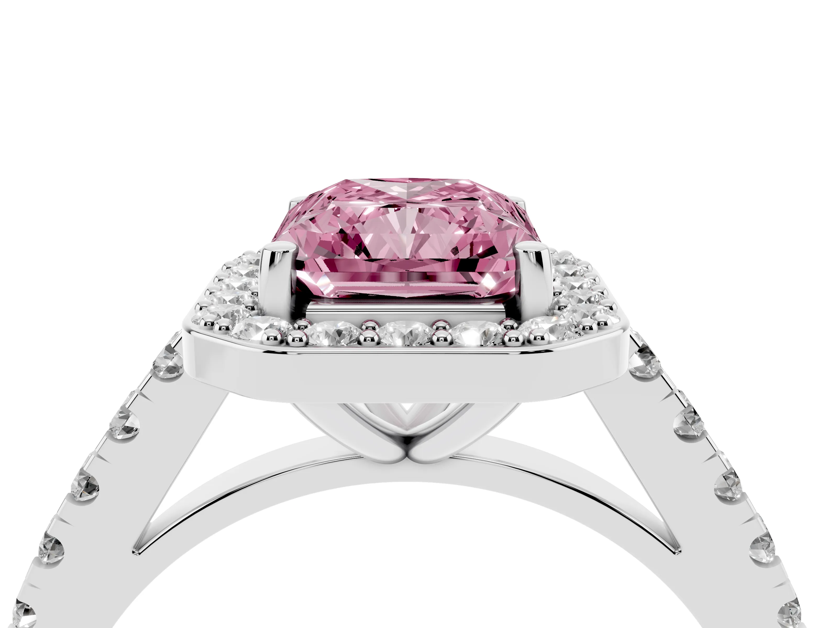 Fancy Pink Radiant Cut Diamond Halo Ring Set in White gold with Round Pavé Split Shank and Prong Setting