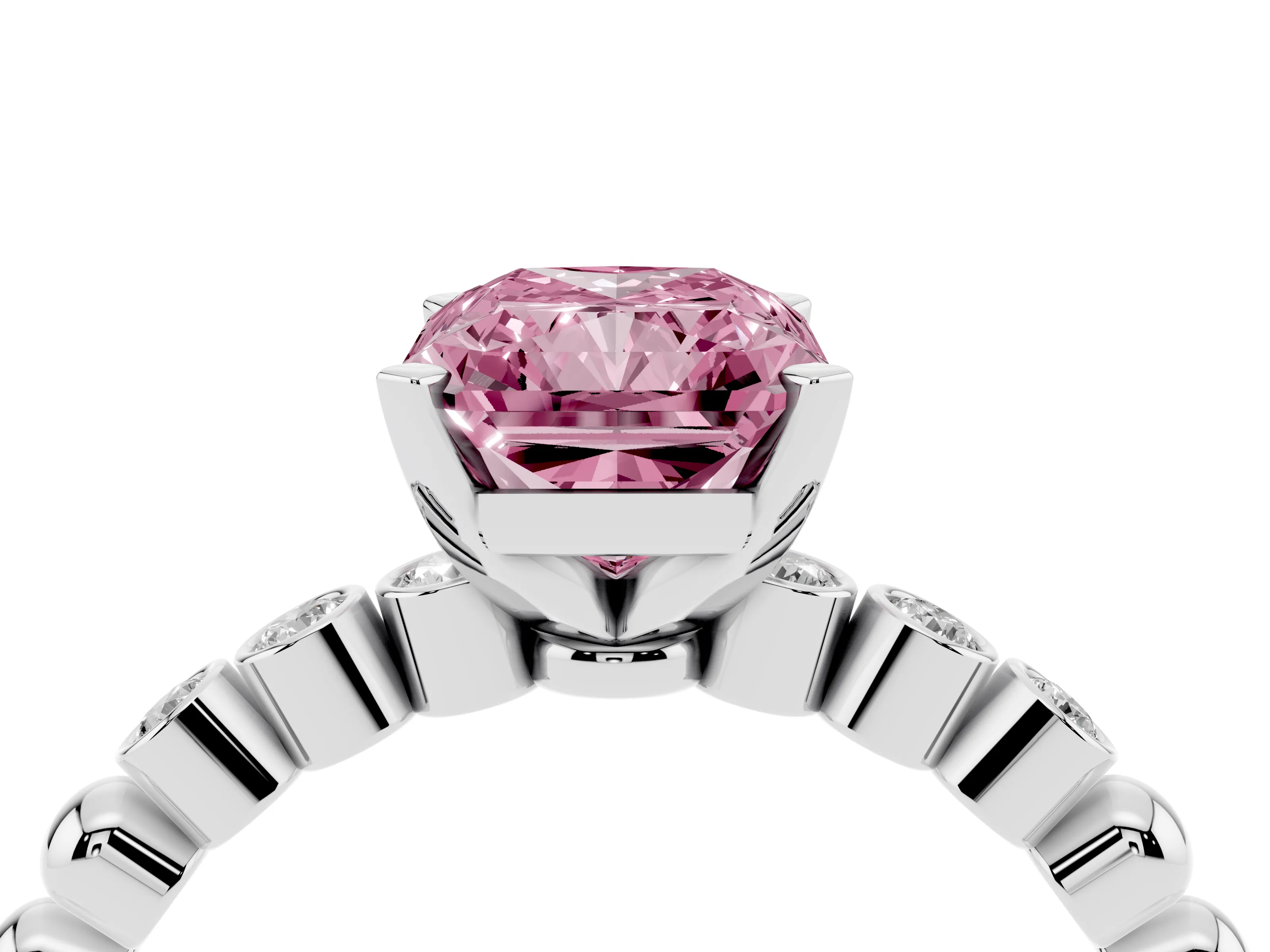 Fancy Pink Radiant Cut Diamond Solitaire Engagement Ring Set in White gold with Bezel Accents on Beaded Band