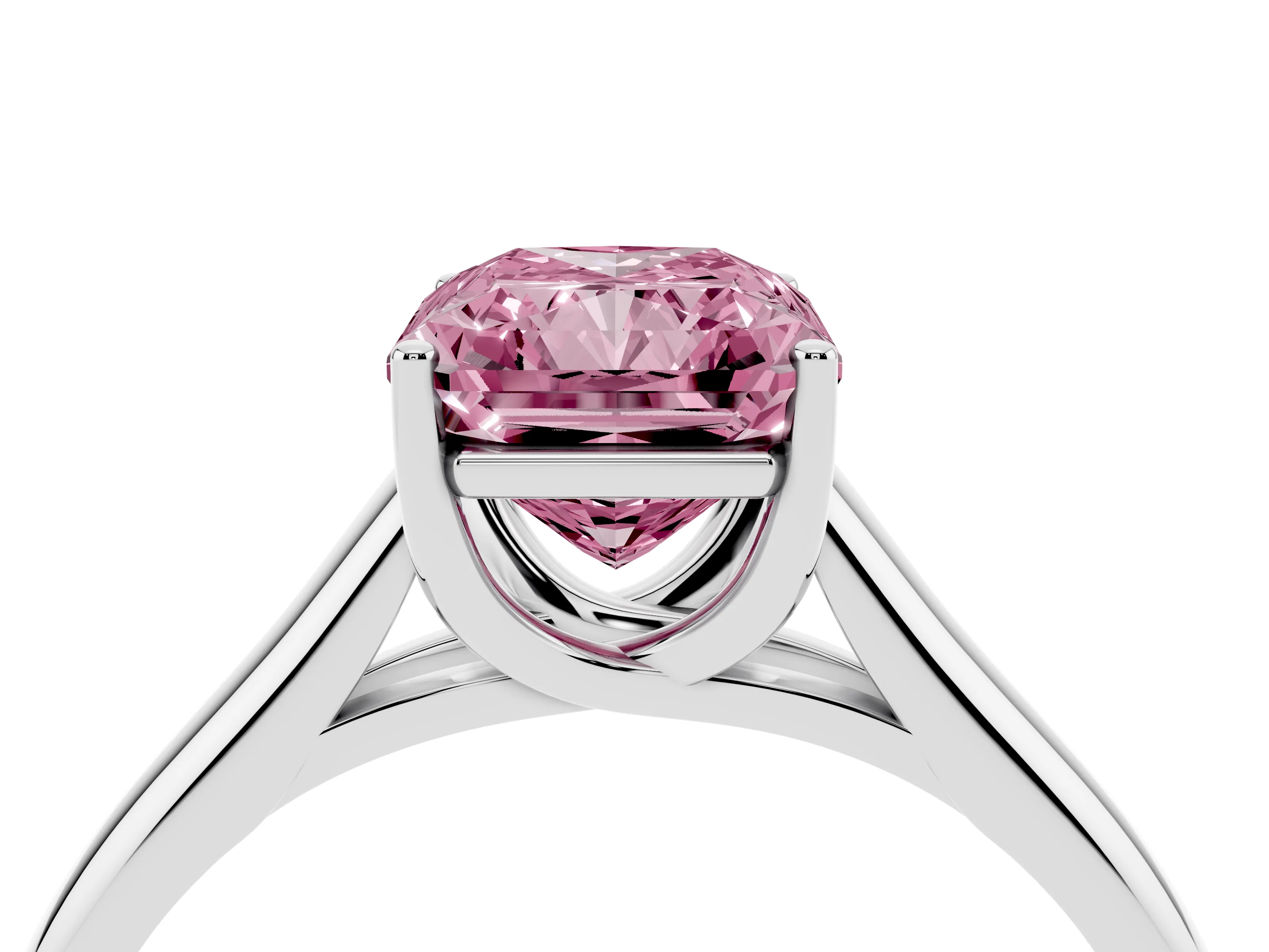 Fancy Pink Radiant Cut Diamond Solitaire Engagement Ring Set in White gold with Subtly Tapered Band and Prong Setting