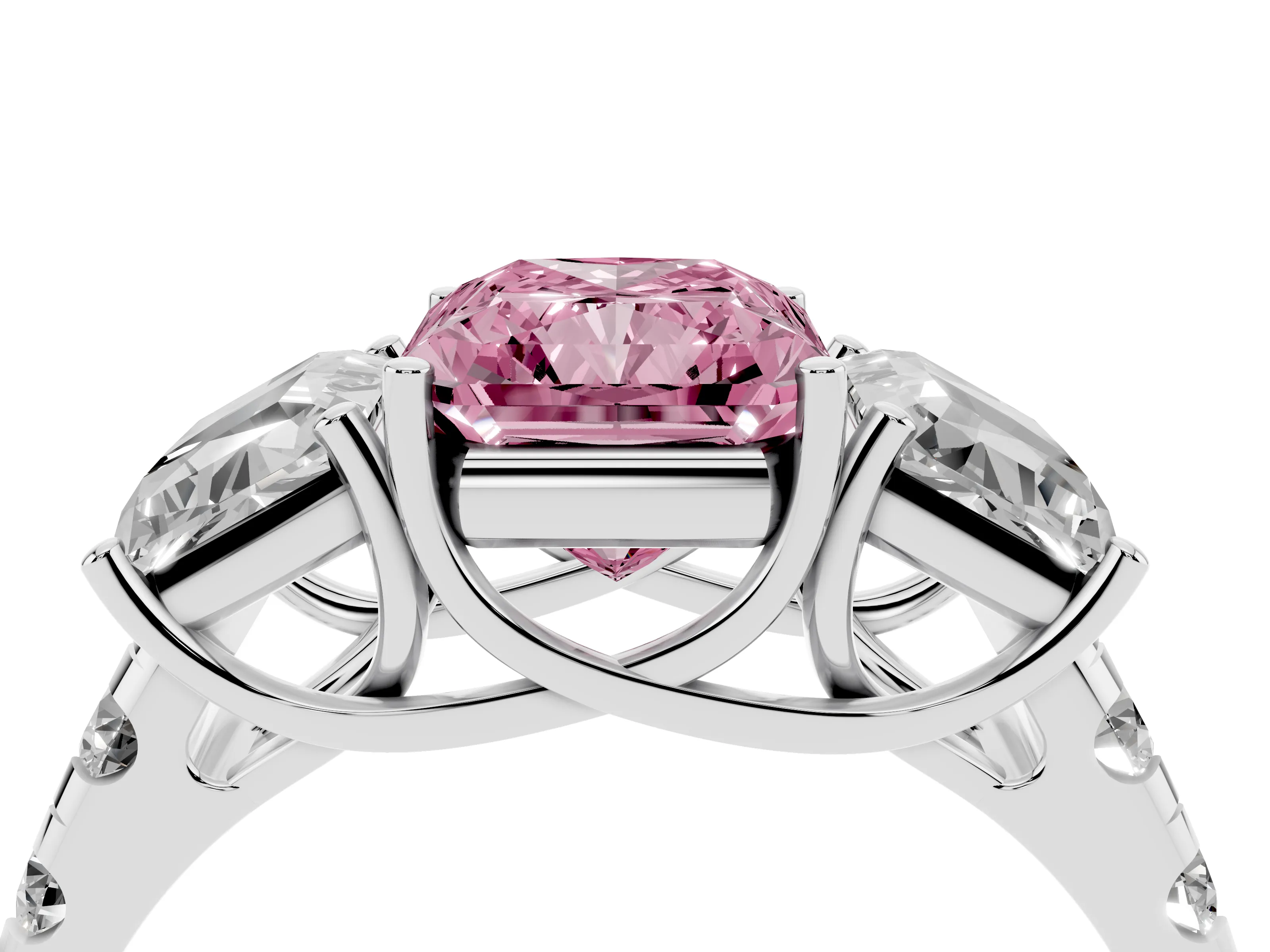 Fancy Pink Radiant Cut Diamond Three-Stone Ring Set in Platinum with Pavé Band