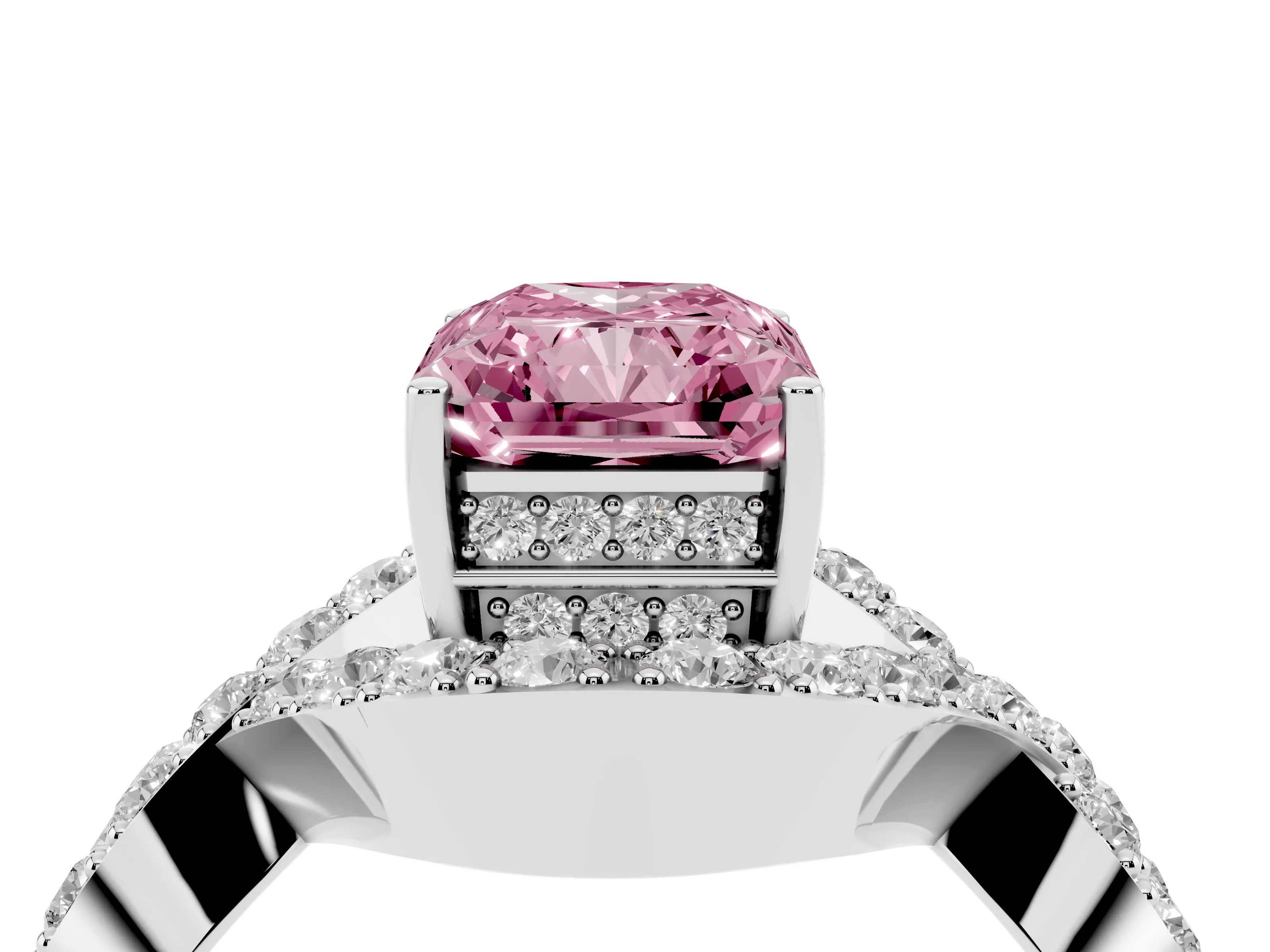 Fancy Pink Radiant Cut Diamond Solitaire Twist Band Pavé Engagement Ring Set in White gold