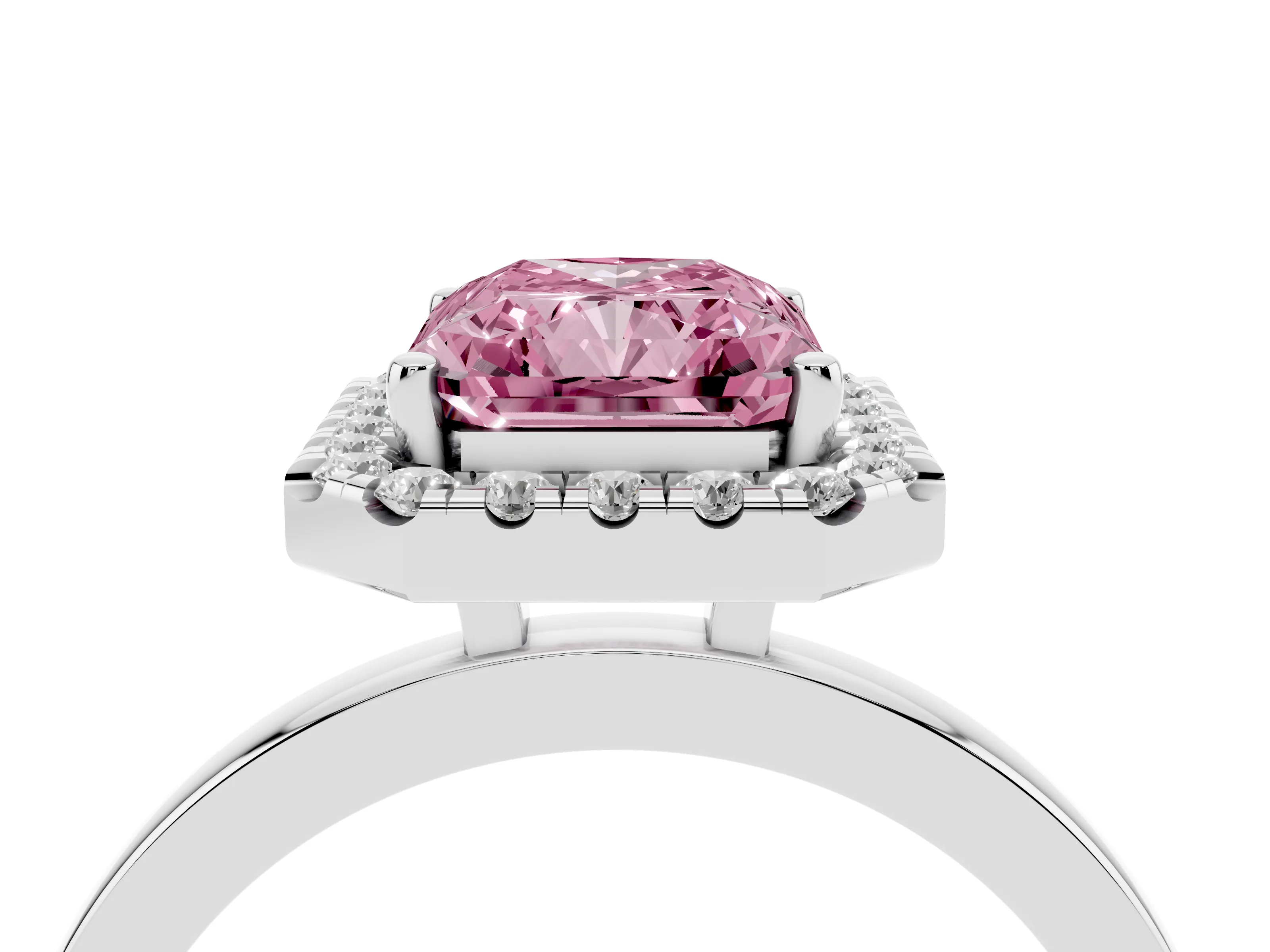 Fancy Pink Radiant Cut Diamond Halo Solitaire Ring Set in Platinum with Pavé Band and Prong Setting