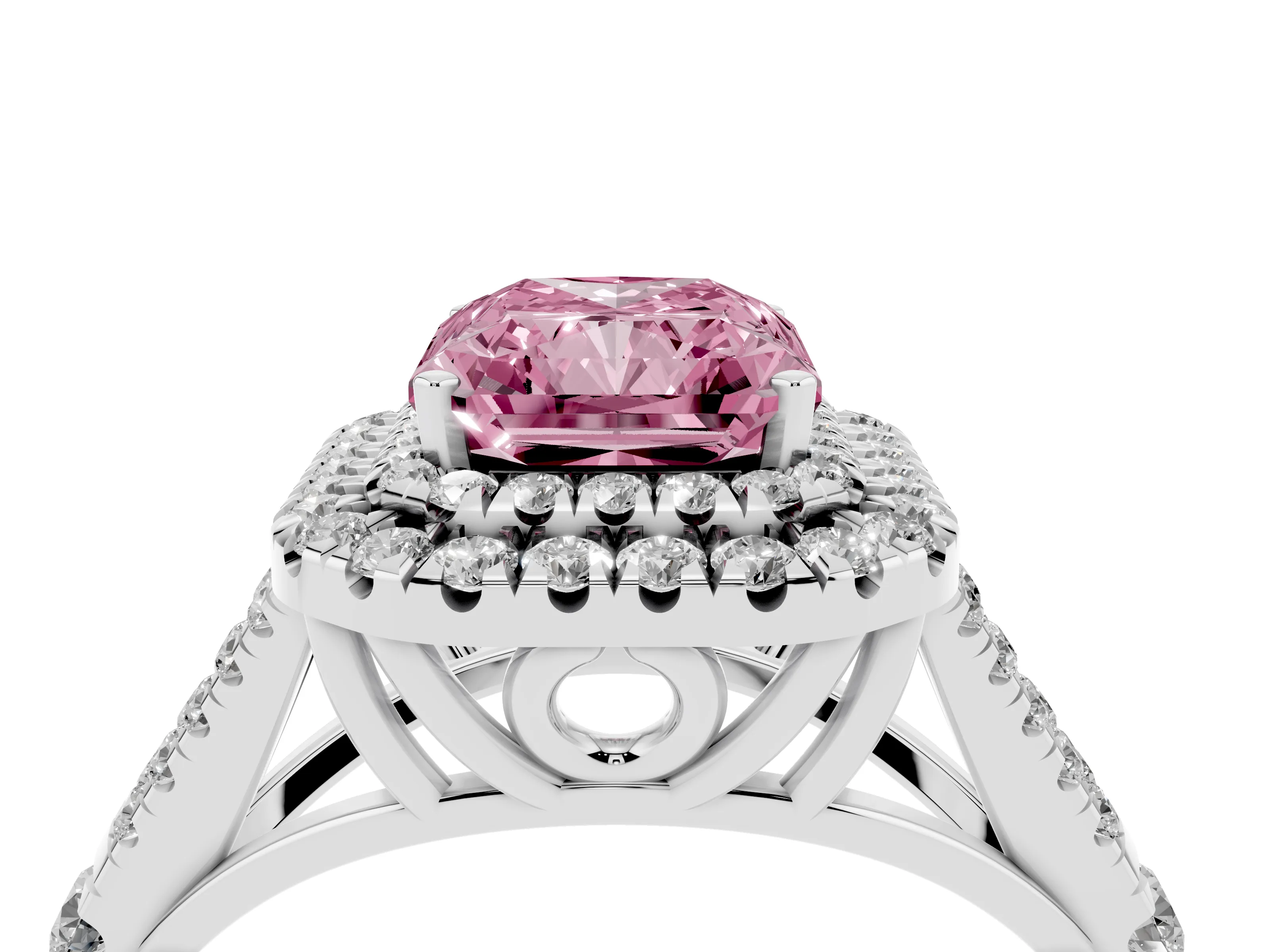Fancy Pink Radiant Cut Diamond Pavé Split Shank Double Halo Engagement Ring Set in Silver