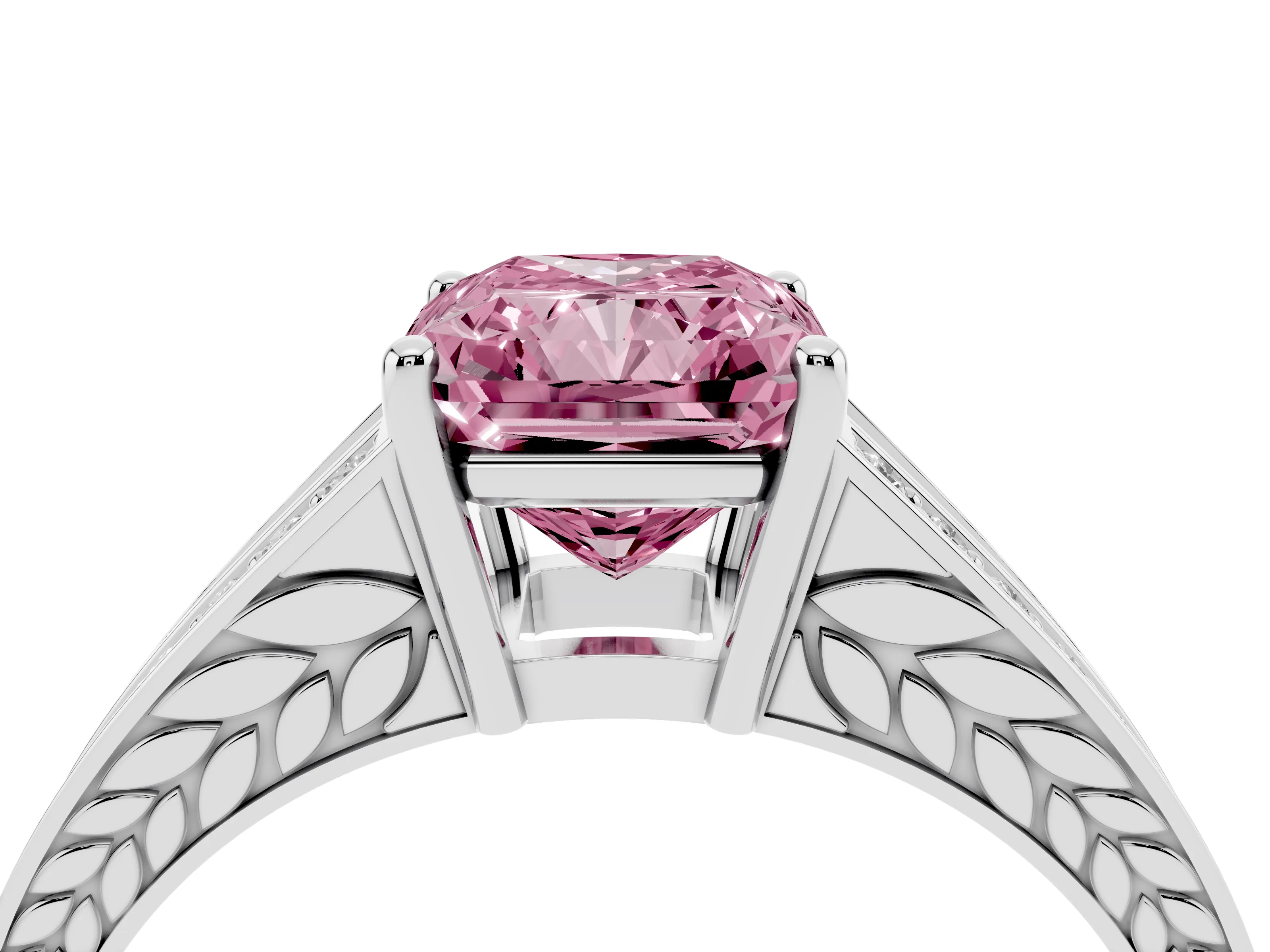Fancy Pink Radiant Cut Diamond Split Shank Ring Set in Platinum with Pavé Band and Prong Setting