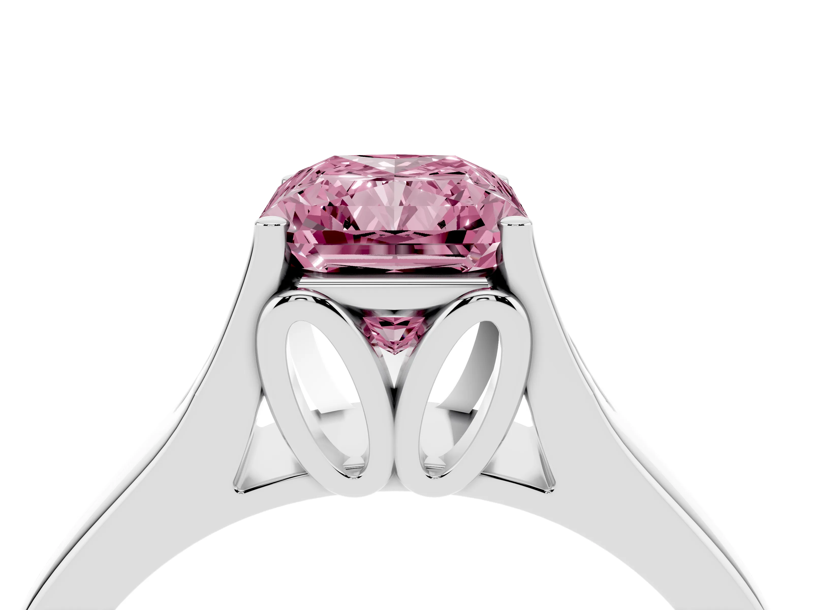 Fancy Pink Radiant Cut Diamond Solitaire Ring Set in White gold with Arched Cathedral Band and Prong Setting