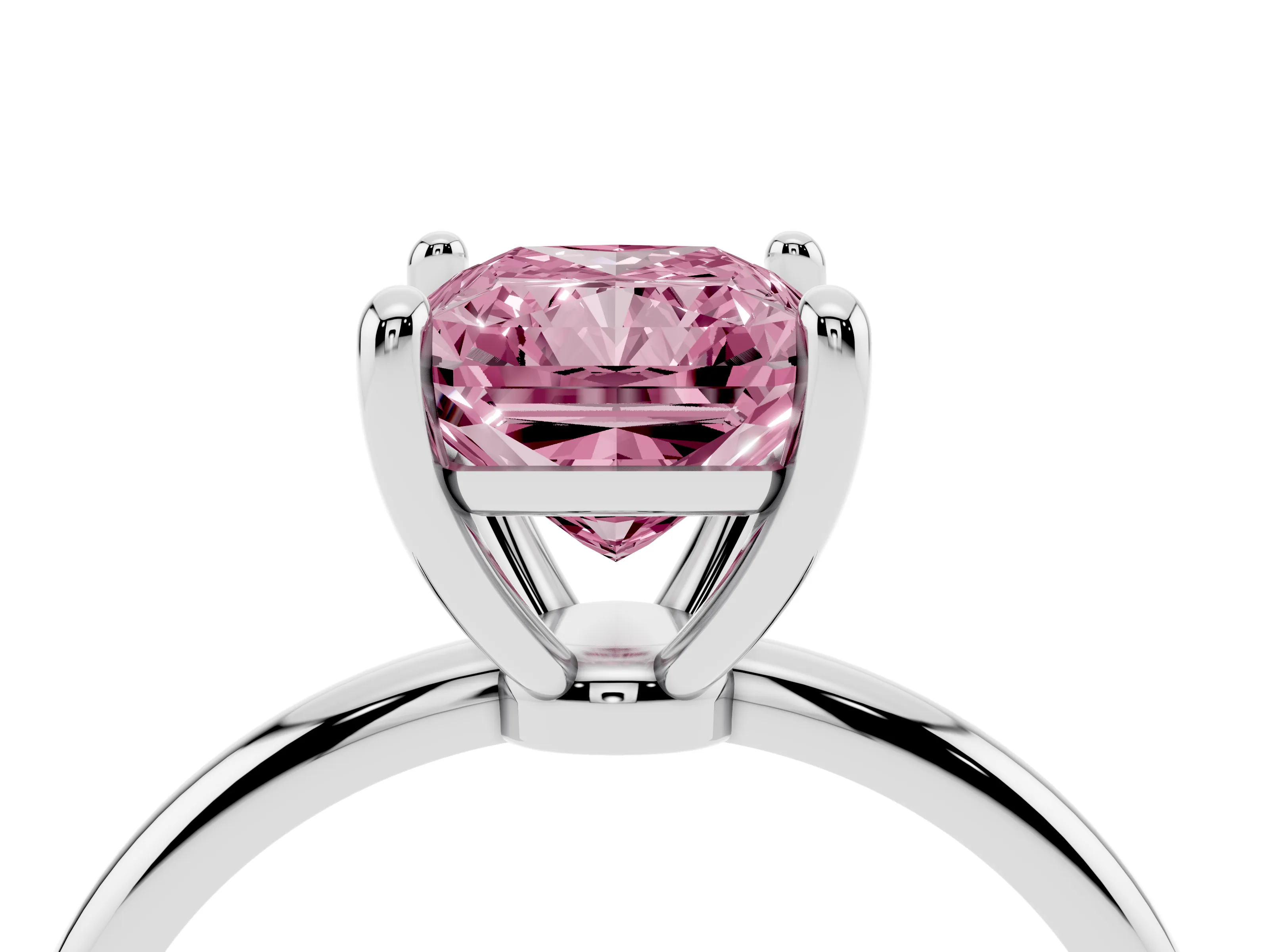 Fancy Pink Radiant Cut Diamond Solitaire Ring Set in White gold with Secure Prong Setting on a Classic Band