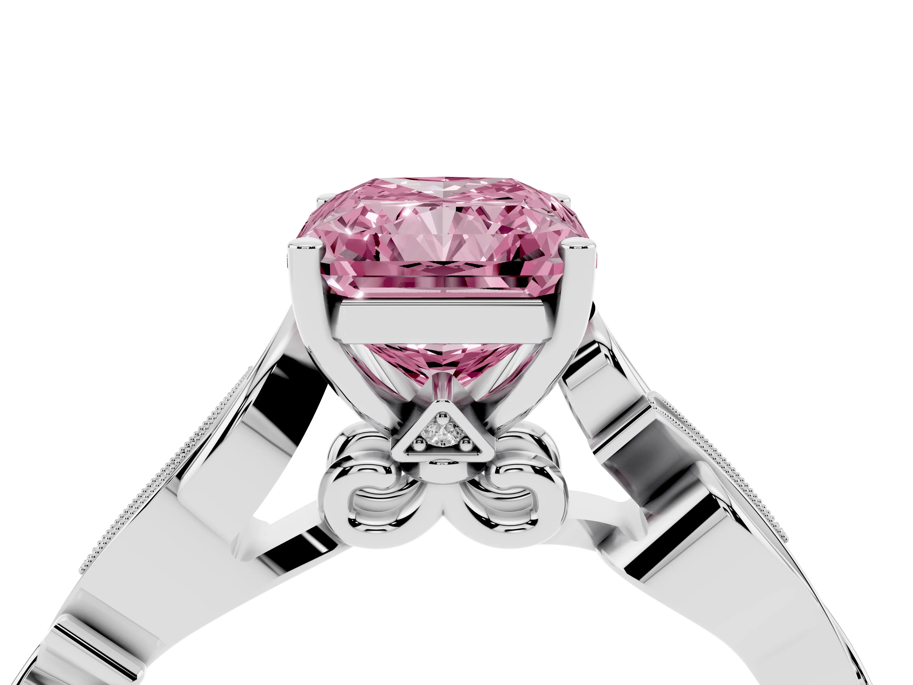Fancy Pink Radiant Cut Diamond Vine Band Solitaire Ring Set in Platinum with Milgrain Prong Setting