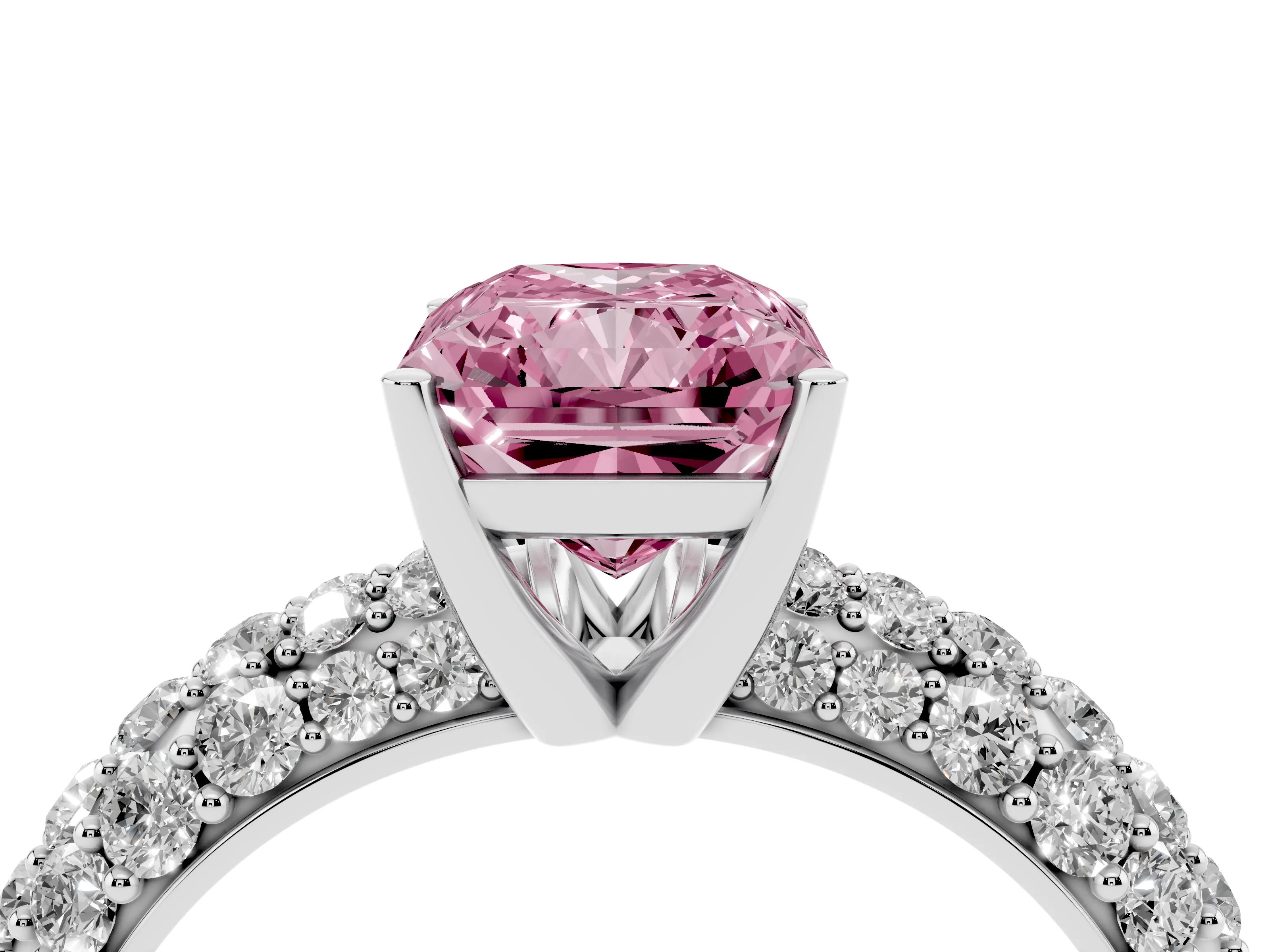 Fancy Pink Radiant Cut Diamond Pavé Band Solitaire Ring Set in Platinum with Close-Set Accent Stones and Prong Setting