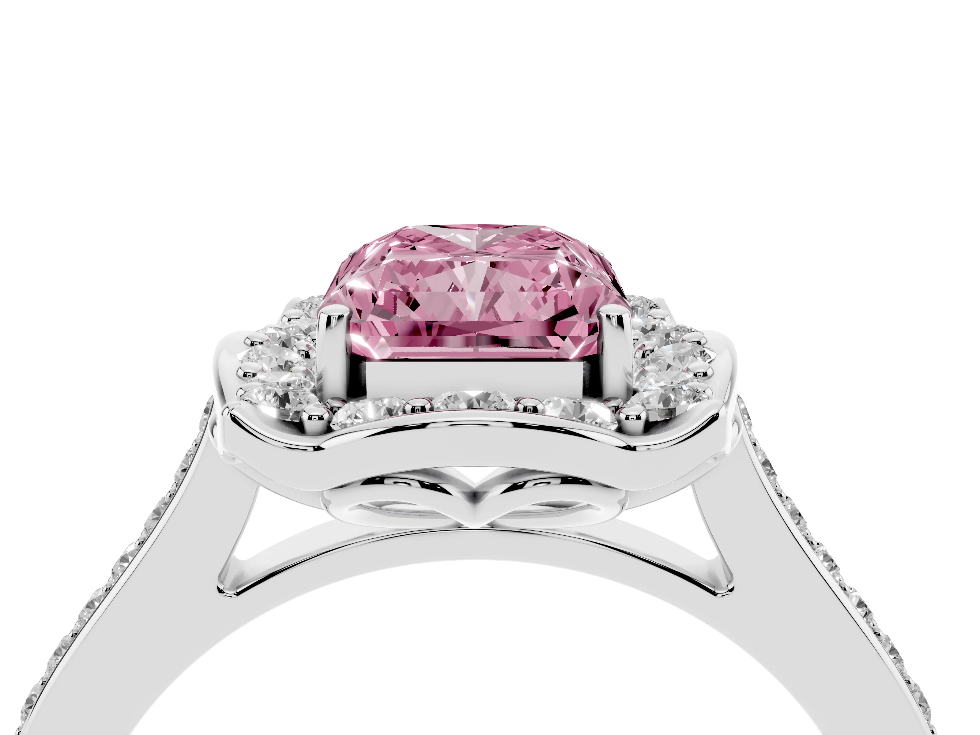 Fancy Pink Radiant Cut Diamond Halo Ring Set in Platinum with Pavé-Lined Shoulders and Prong Setting