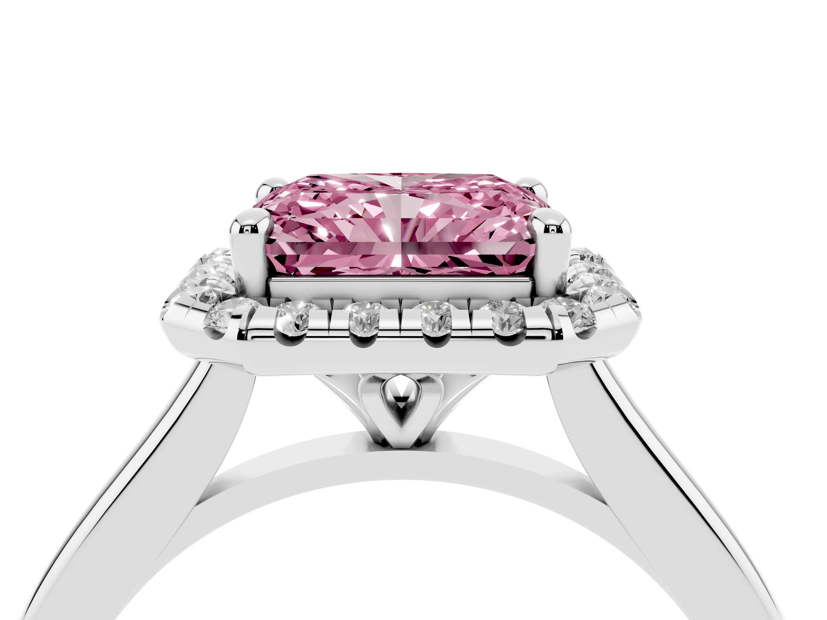 Fancy Pink Radiant Cut Diamond Halo Engagement Ring Set in White gold with Pavé Band and Rising Shoulders