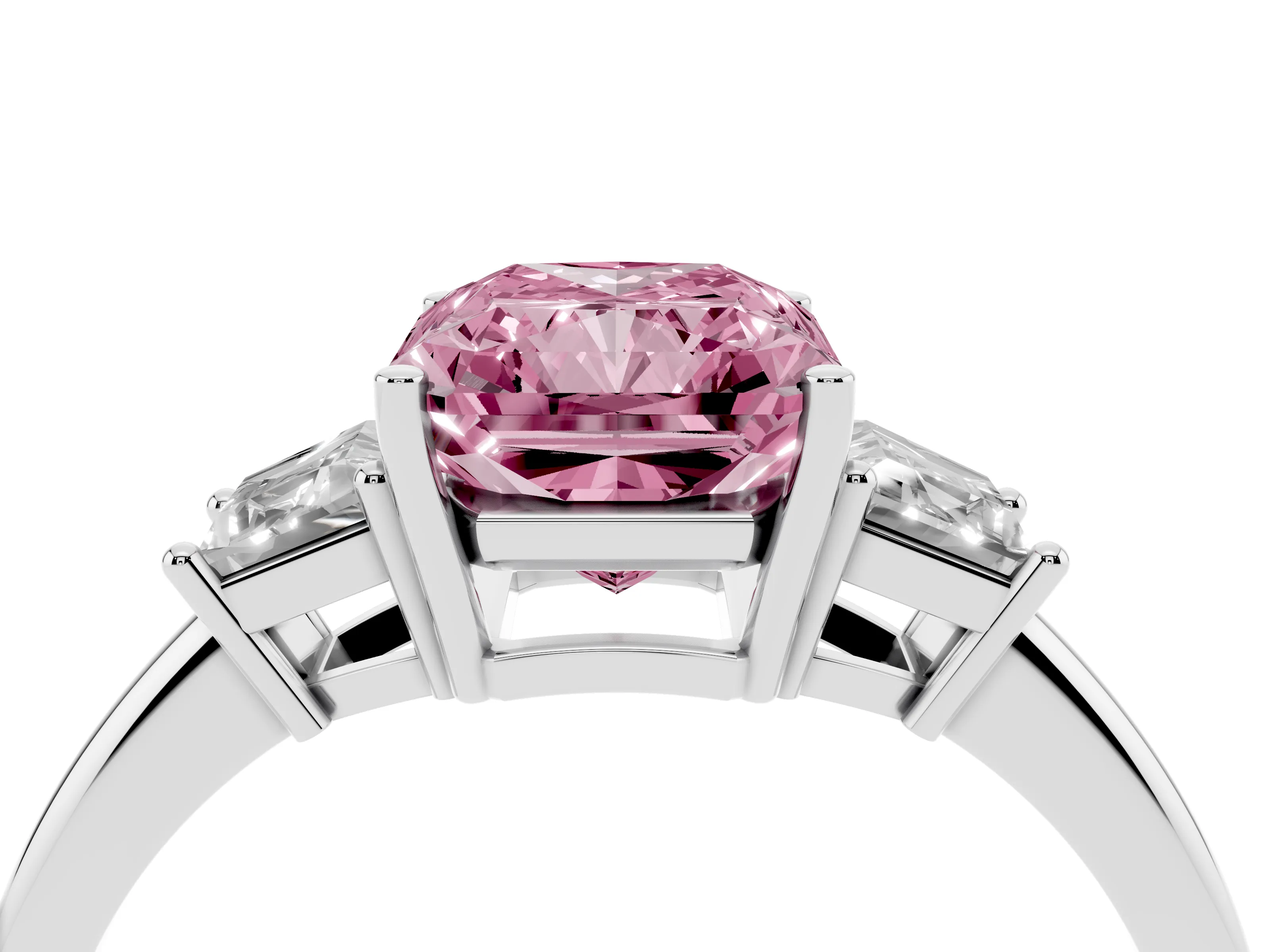 Fancy Pink Radiant Cut Diamond Three-Stone Ring Set in Silver with Trapezoid Side Stones and Prong Setting