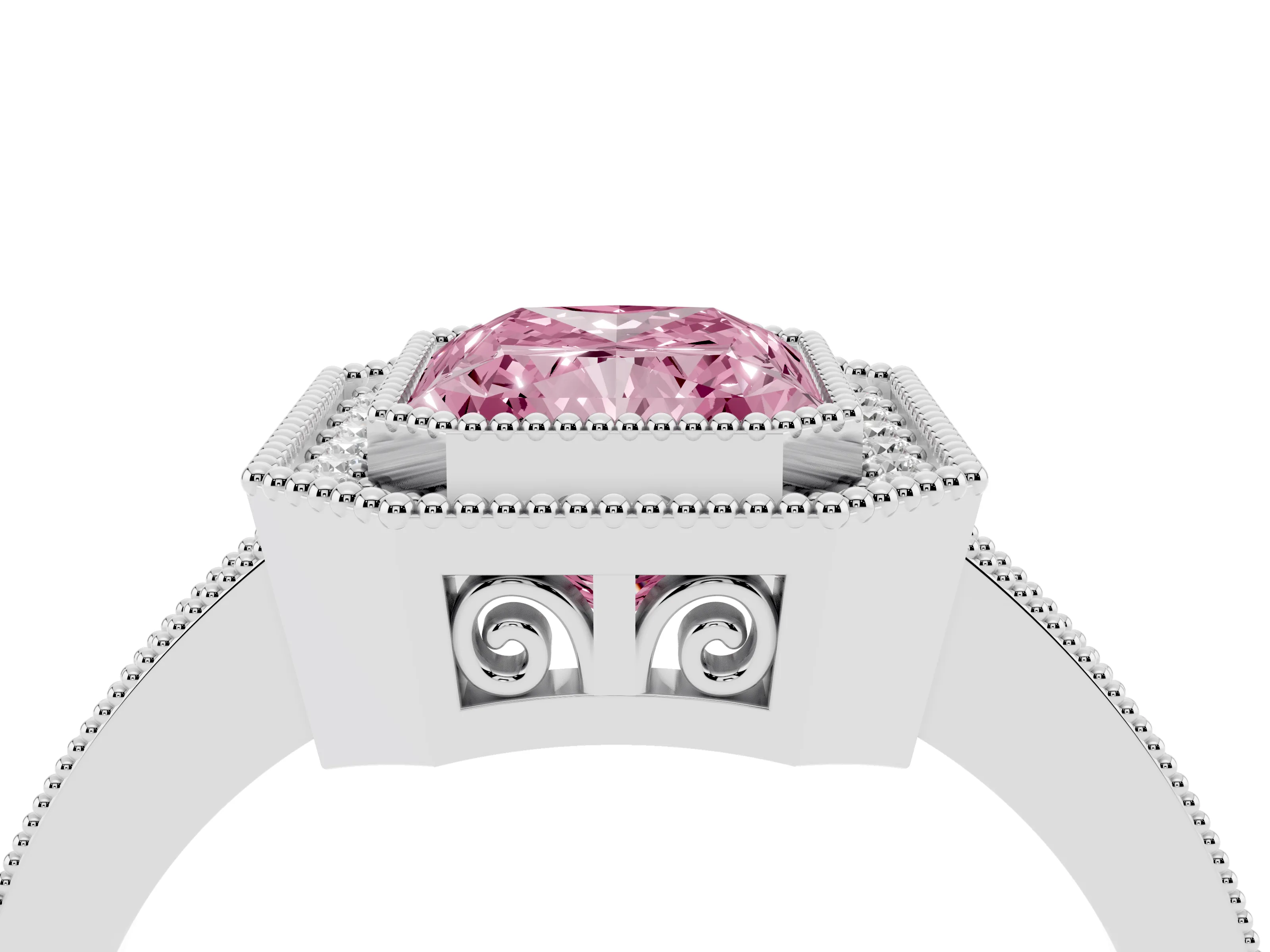 Fancy Pink Radiant Cut Diamond Round Halo Ring Set in White gold with Pavé Band