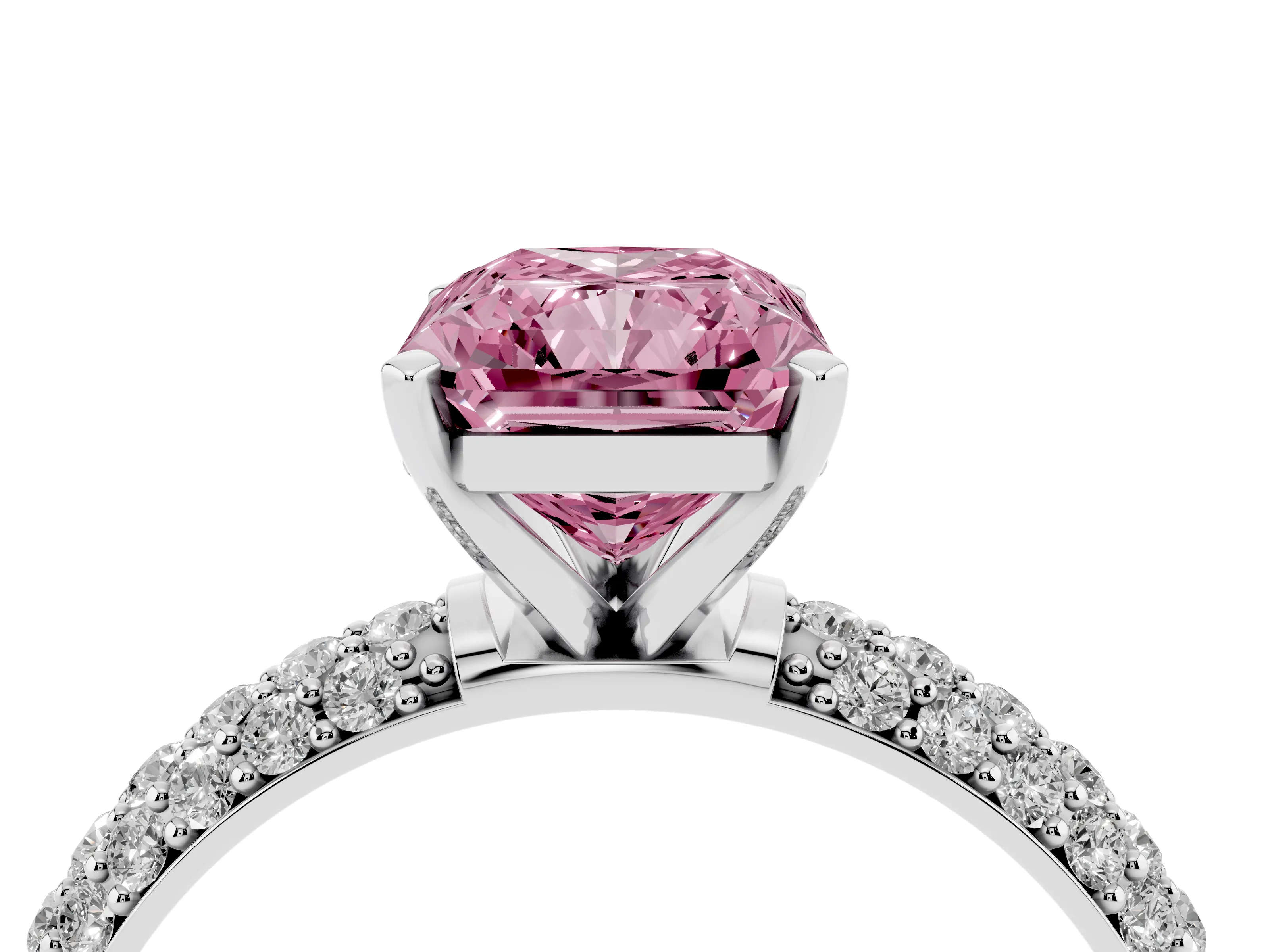 Fancy Pink Radiant Cut Diamond Solitaire Ring Set in Silver with Prong Setting and Pavé-Set Band
