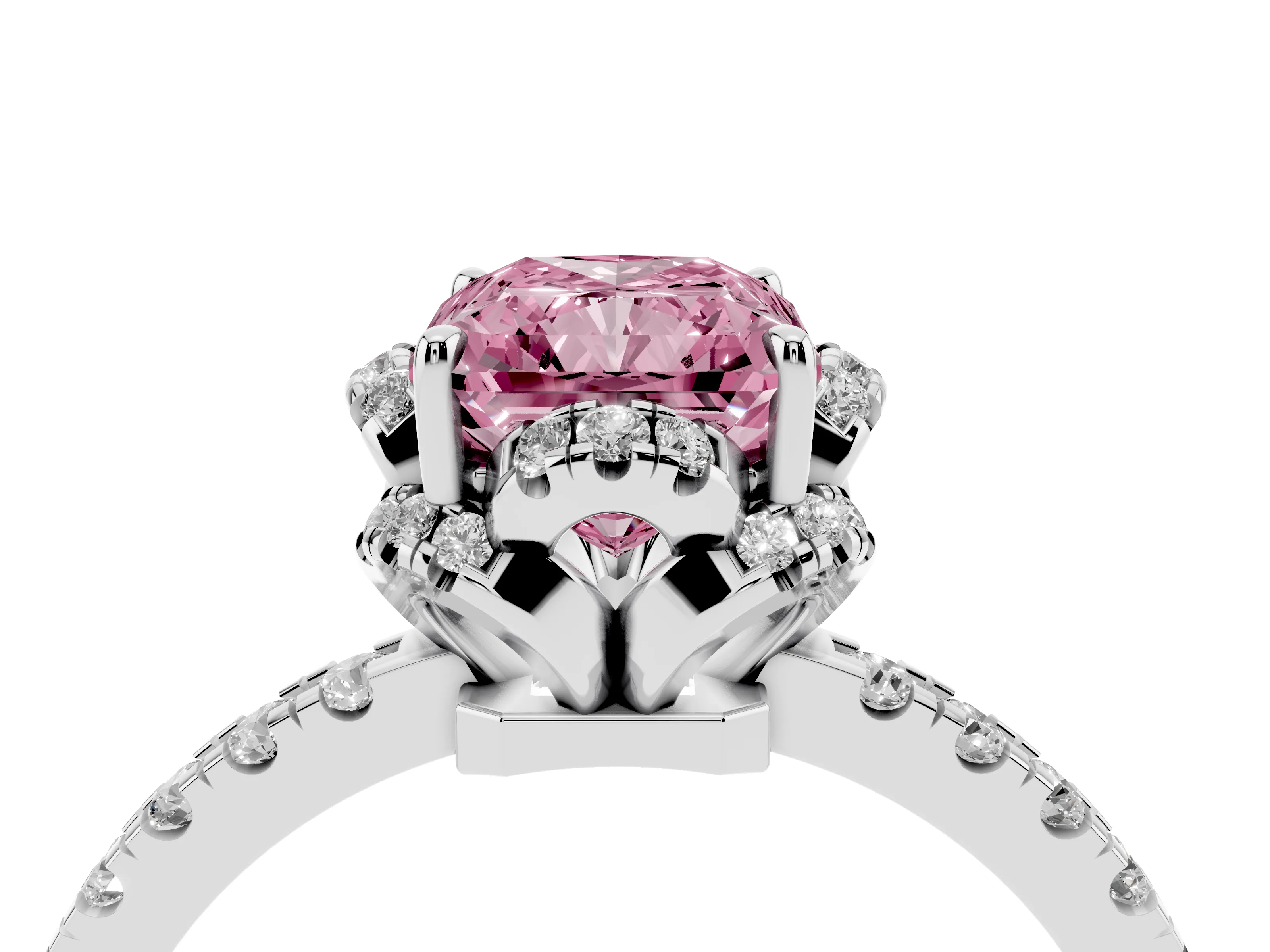 Fancy Pink Radiant Cut Diamond Halo Pavé Band Ring Set in White gold with Prong-Held Center