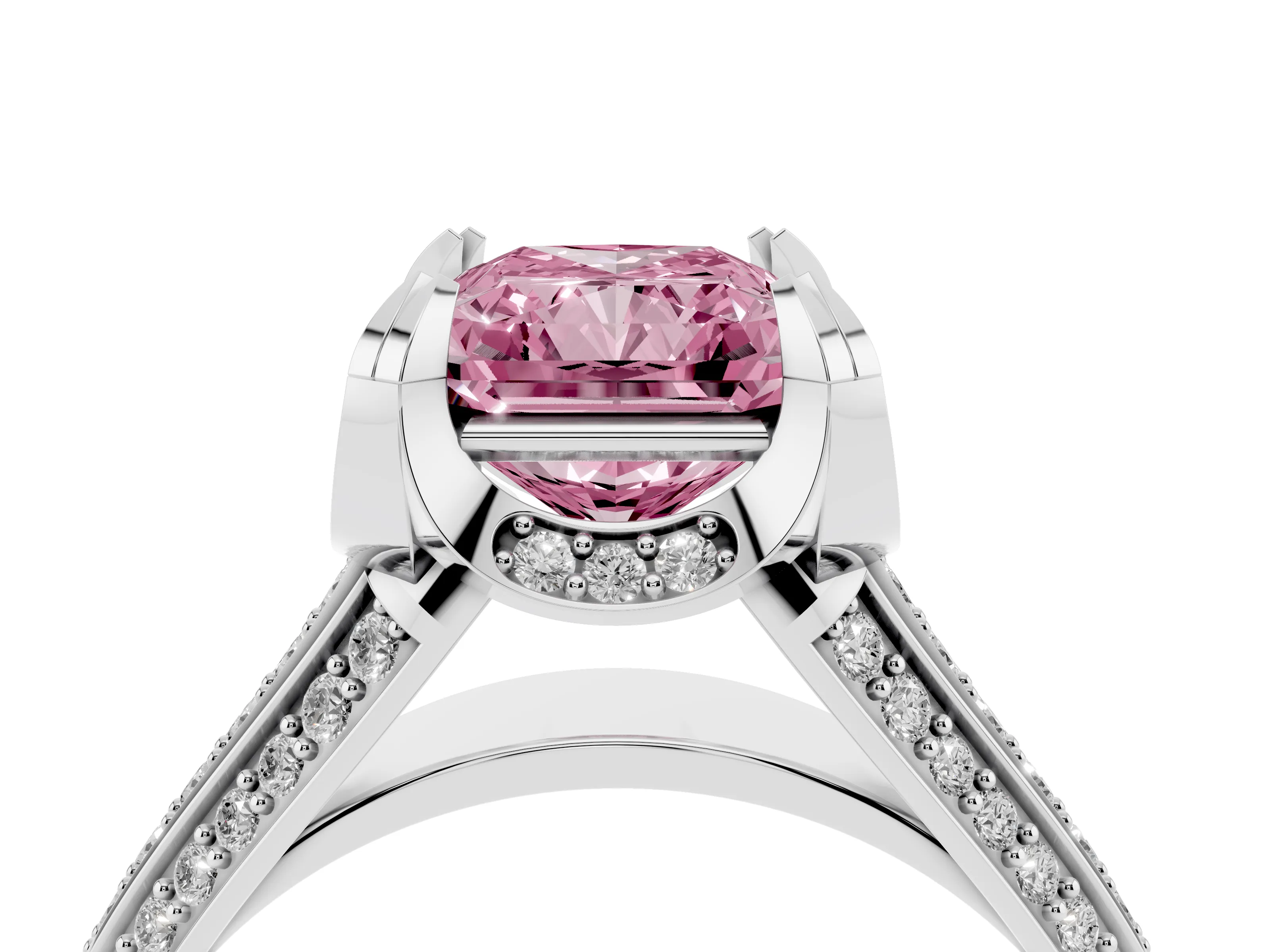 Fancy Pink Radiant Cut Diamond Pavé Split Shank Solitaire Ring Set in Silver with Prong Setting