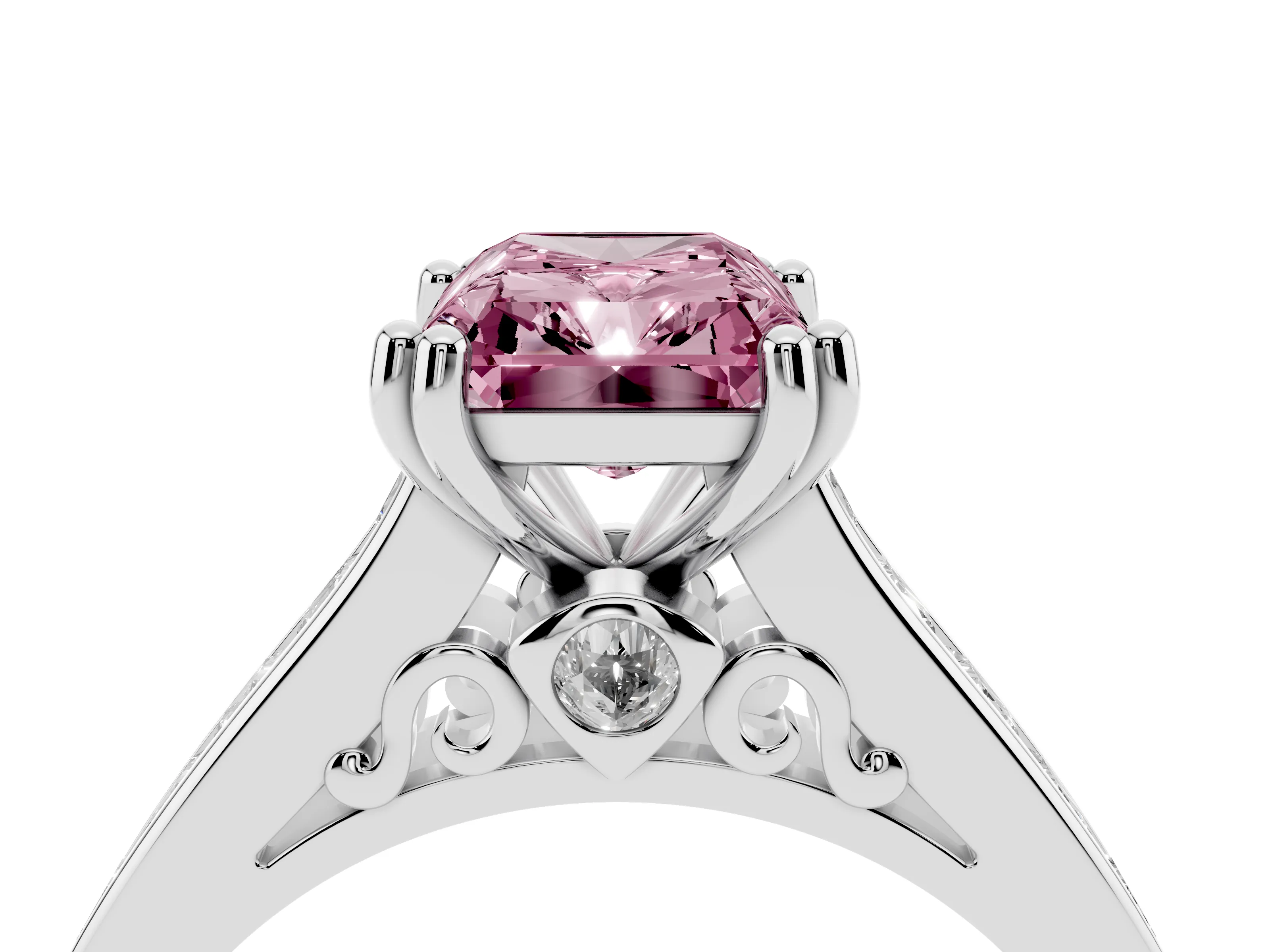 Fancy Pink Radiant Cut Diamond Channel Set Solitaire Engagement Ring Set in Platinum with Prong Setting