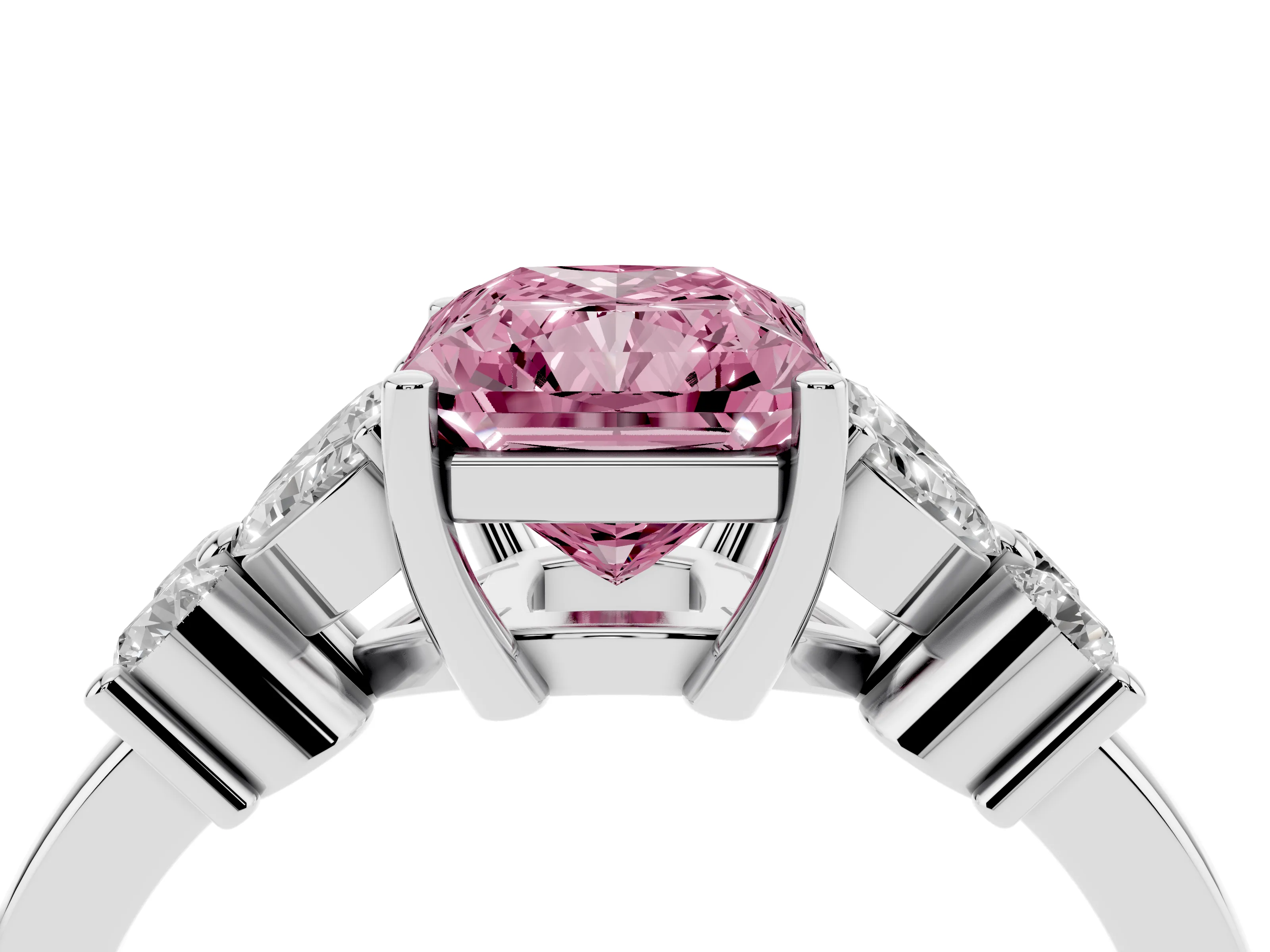 Fancy Pink Radiant Cut Diamond Floral Cluster Ring Set in Platinum with Marquise Petals and Prong Setting