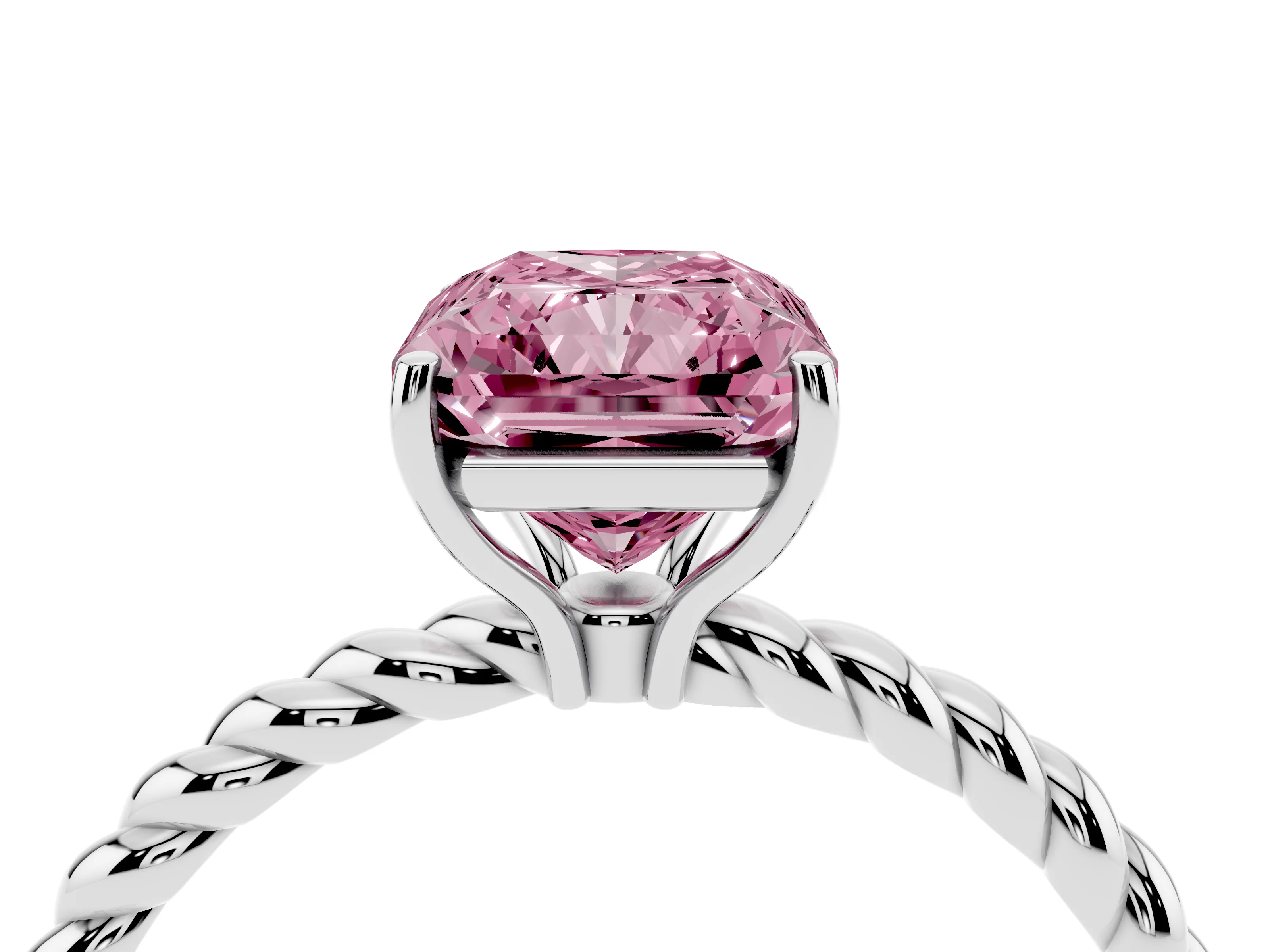 Fancy Pink Radiant Cut Diamond Solitaire Ring Set in White gold with Twist Band and Prong Setting