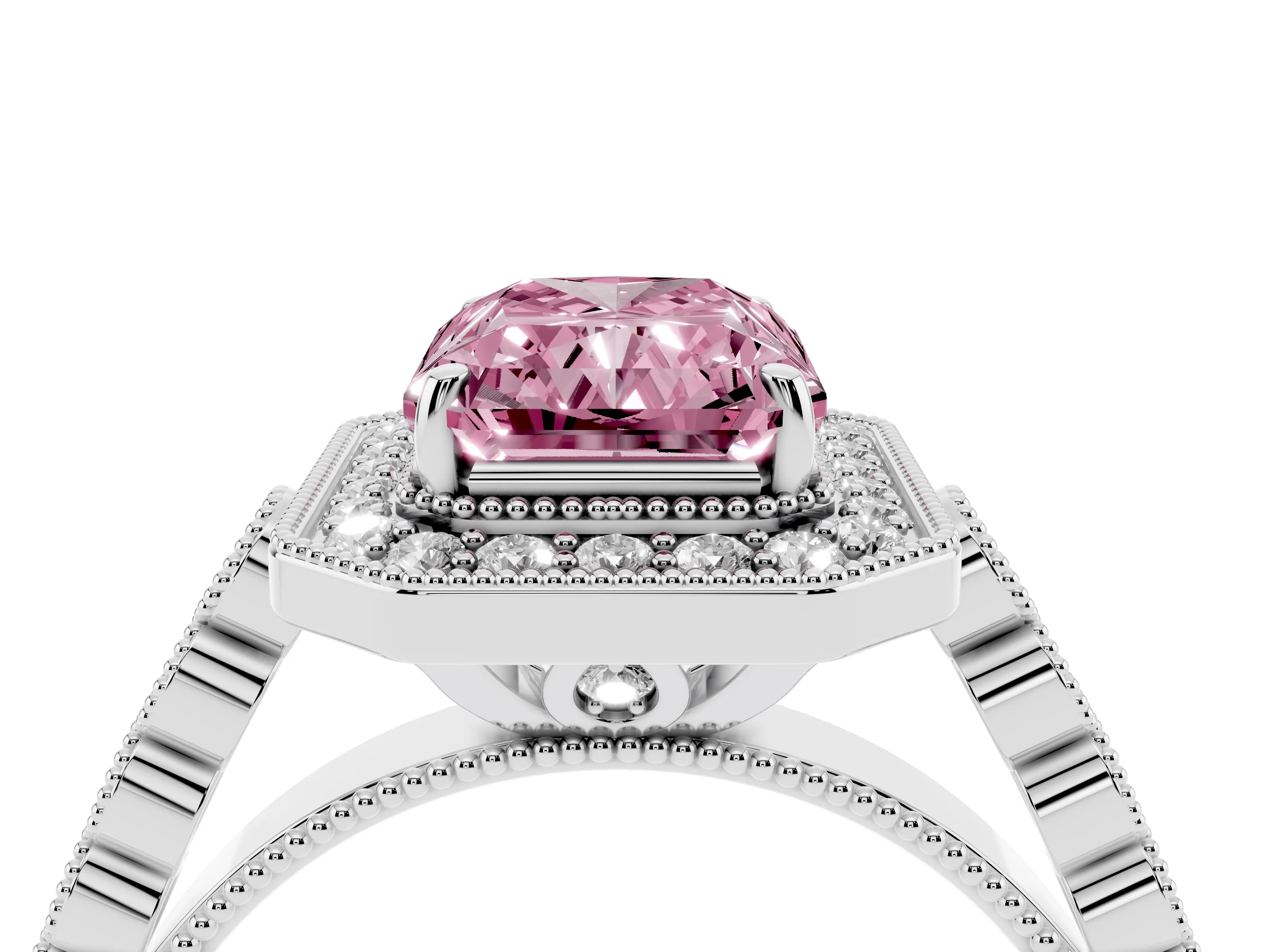 Fancy Pink Radiant Cut Diamond Milgrain Halo Solitaire Ring Set in White gold with Bezel Set Side Stones and Pavé Band