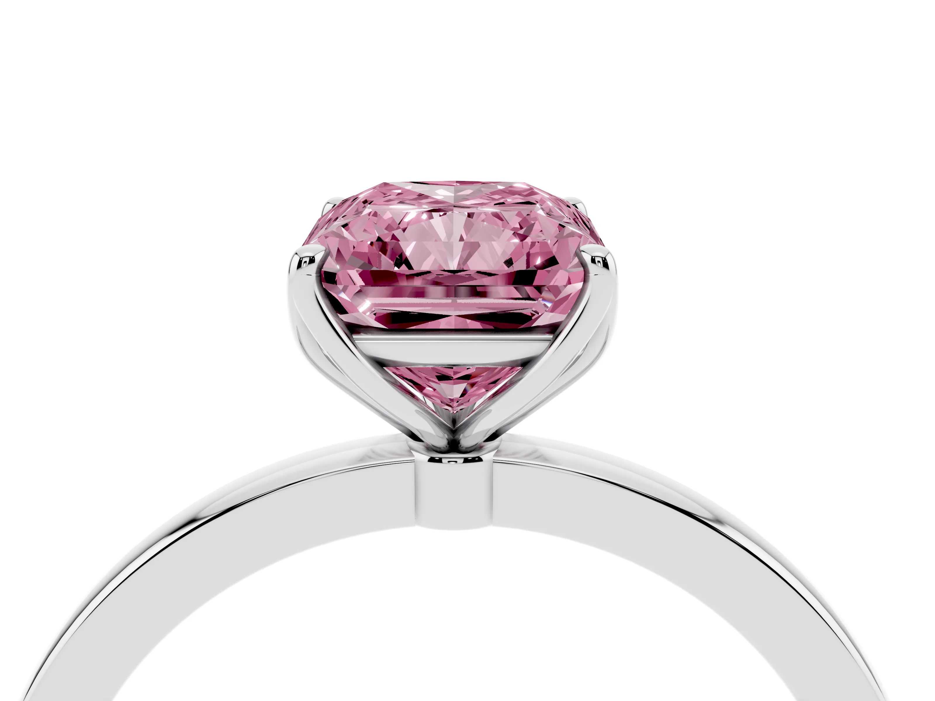 Fancy Pink Radiant Cut Diamond Solitaire Ring Set in White gold with Prong Setting and Thin Polished Band