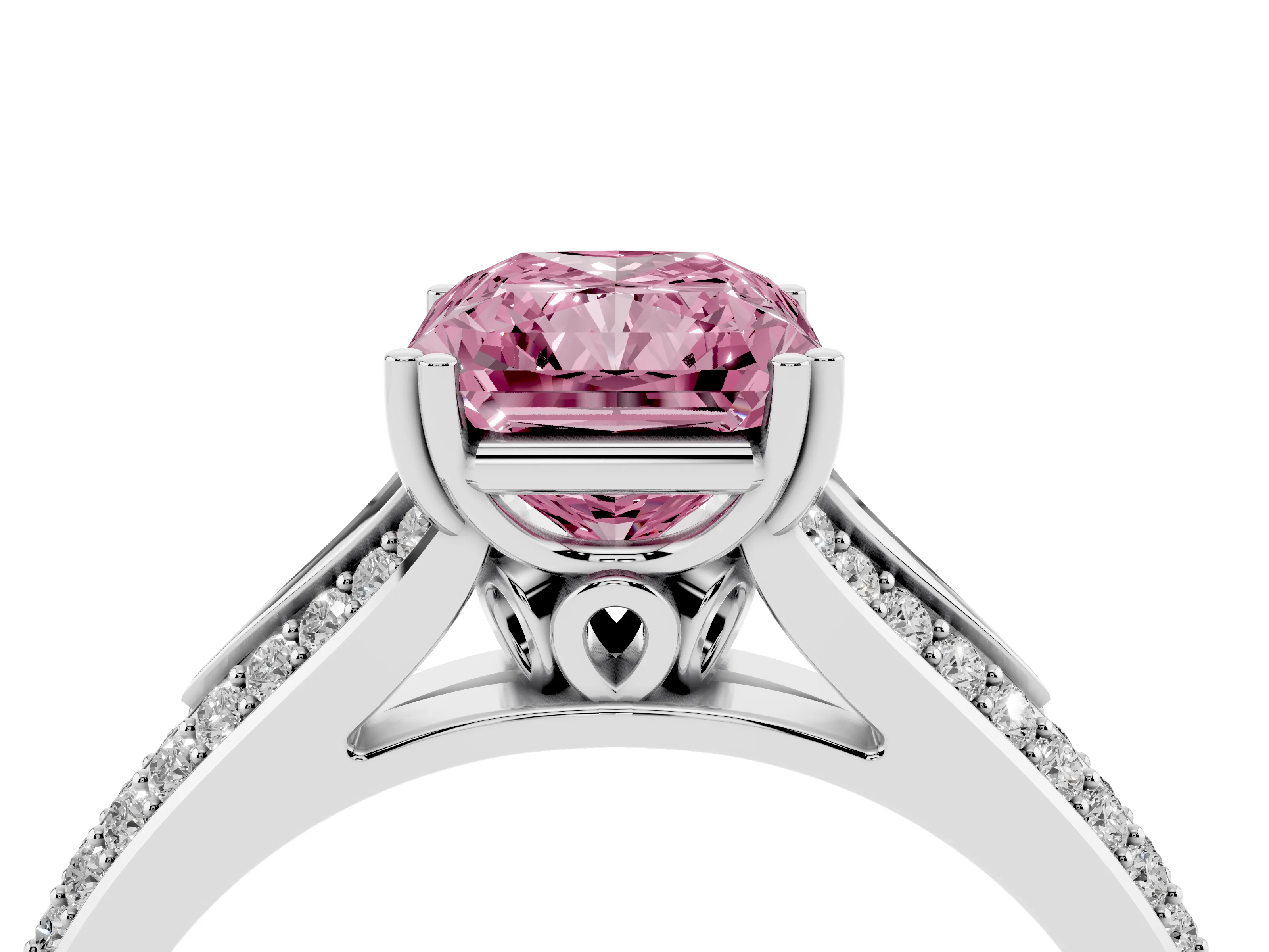 Fancy Pink Radiant Cut Diamond Split Shank Pavé Engagement Ring Set in Platinum with Prong-Set Center Stone