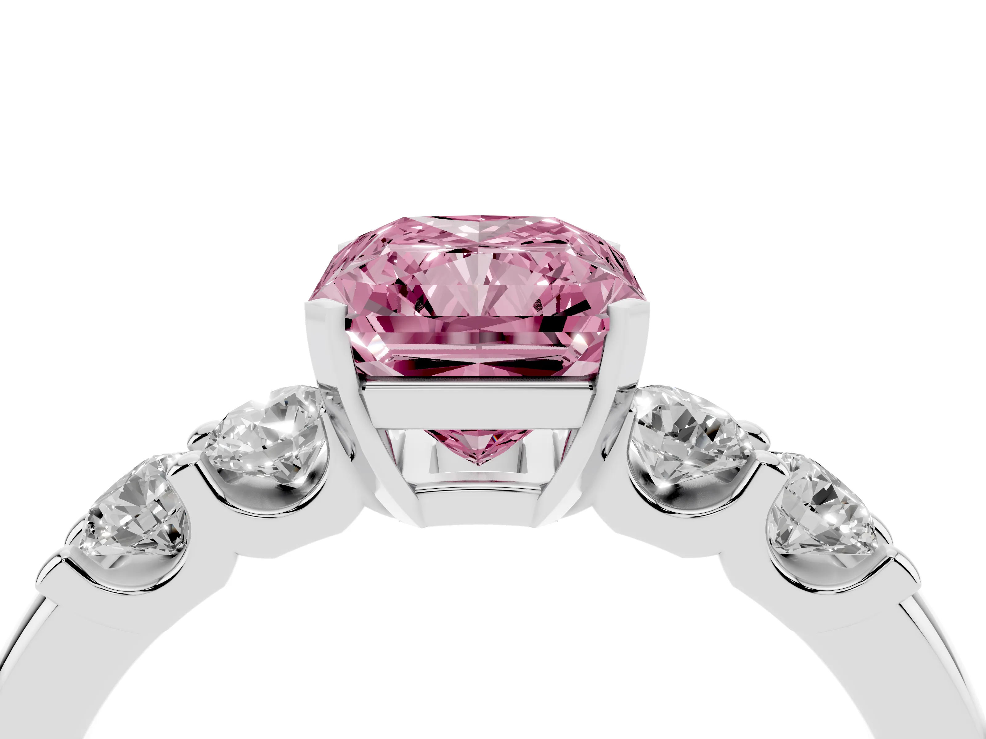 Fancy Pink Radiant Cut Diamond Five-Stone Prong Set Engagement Ring Set in Silver with Channel Band