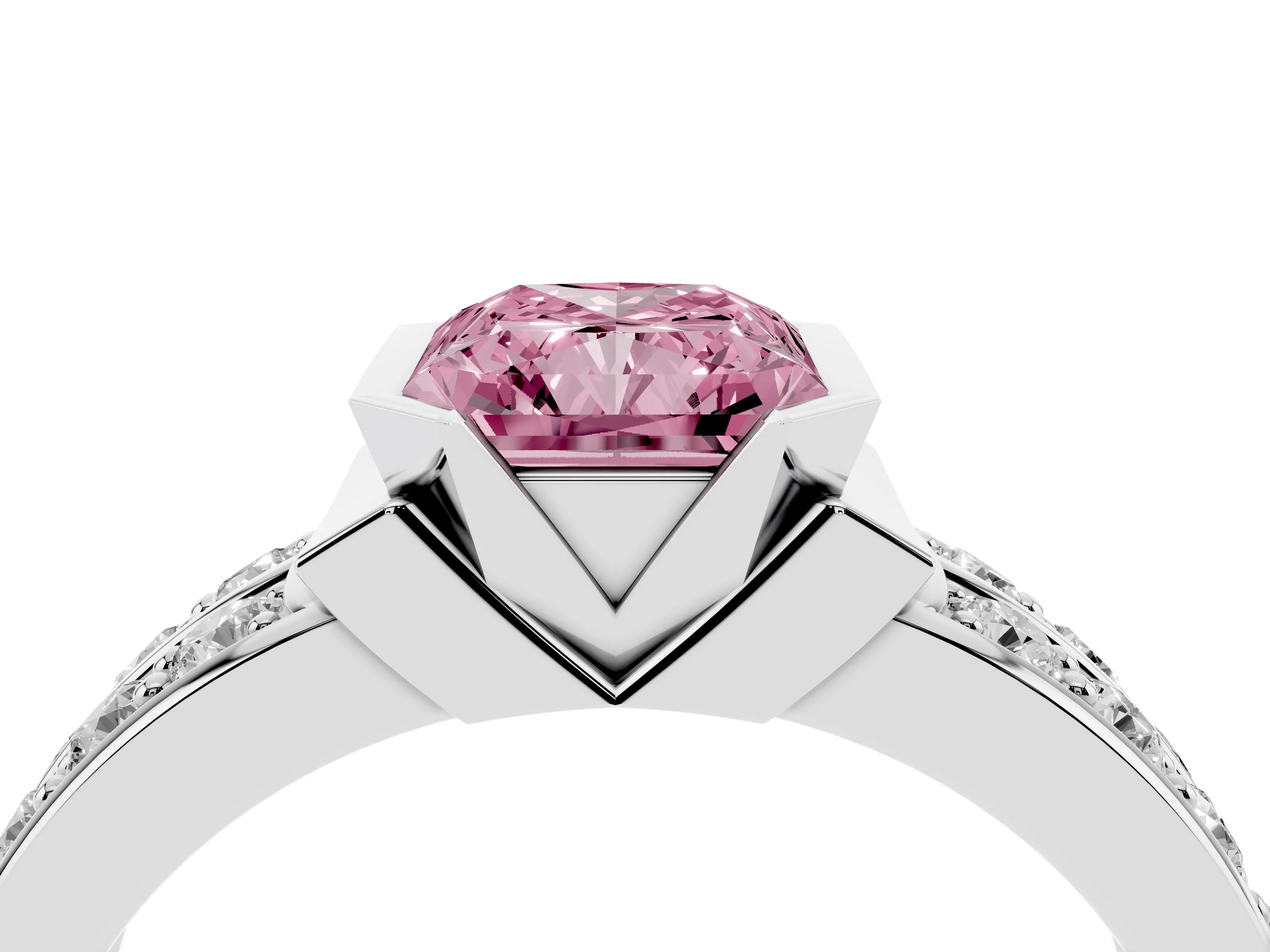 Fancy Pink Radiant Cut Diamond Wide Channel Set Band Ring Set in White gold with Bezel Setting