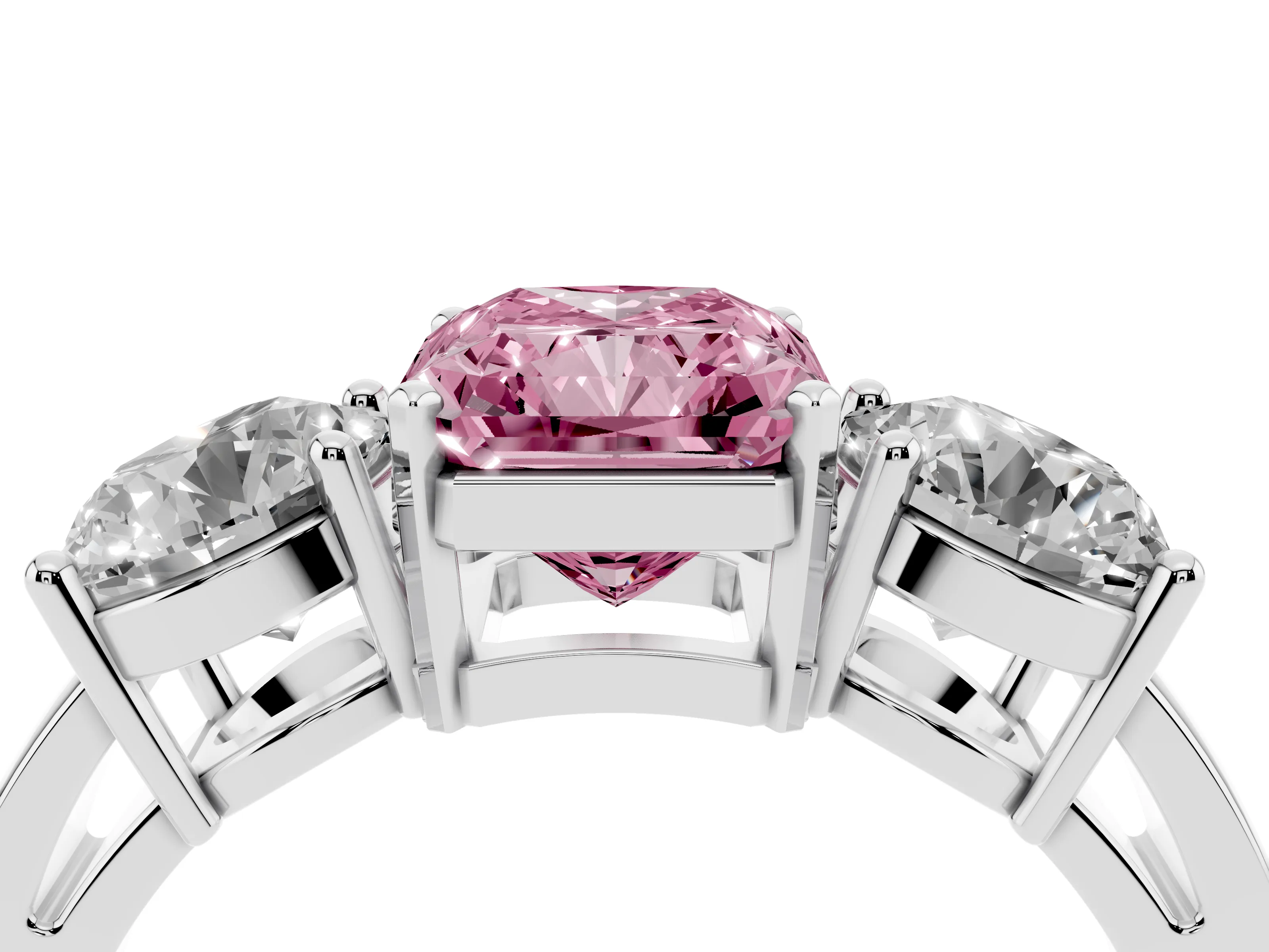 Fancy Pink Radiant Cut Diamond Three-Stone Ring Set in White gold with Round Side Stones and Classic Band