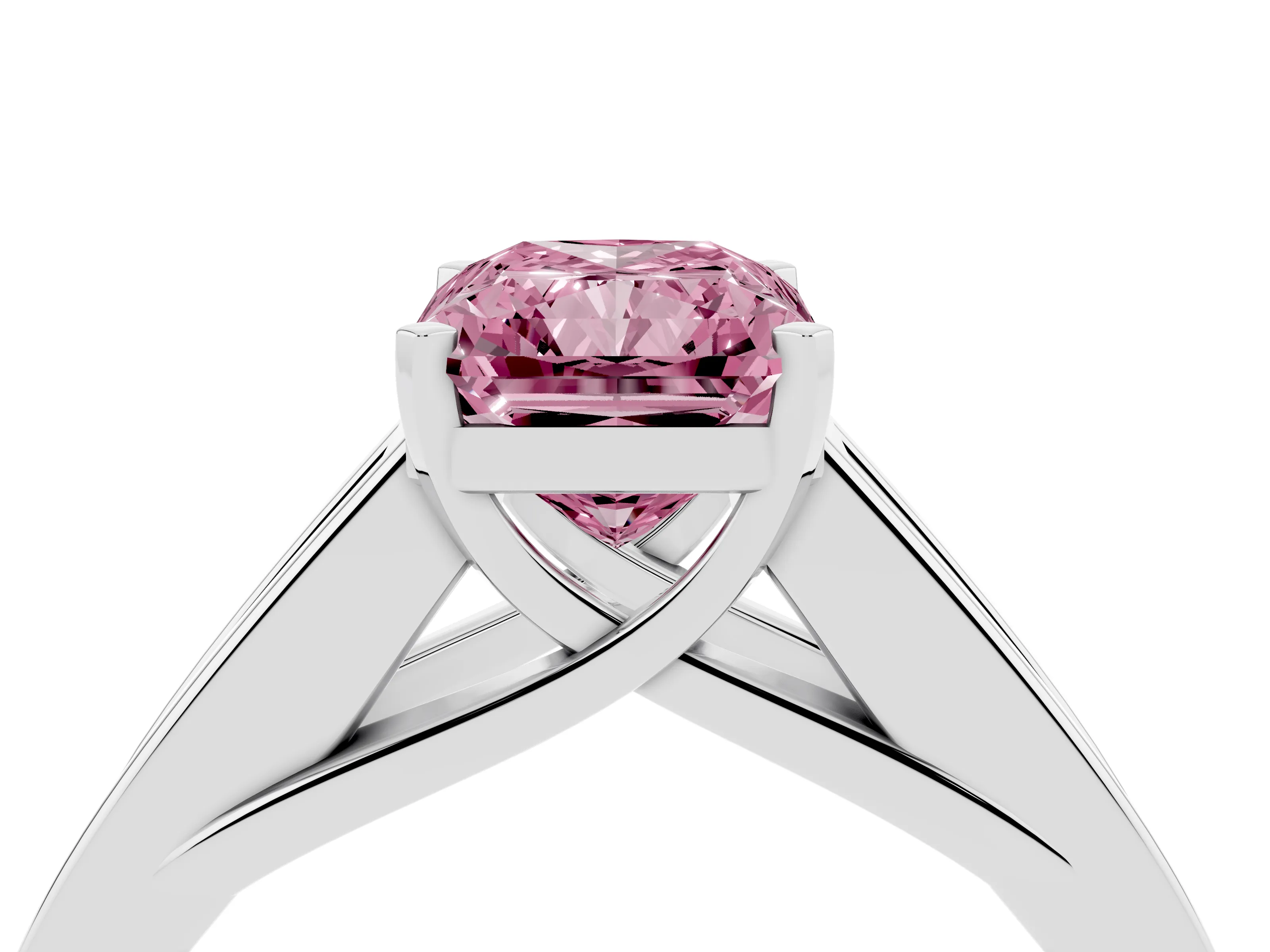Fancy Pink Radiant Cut Diamond Solitaire Ring Set in Silver with Channel-Set Accent Stones and Prong Setting