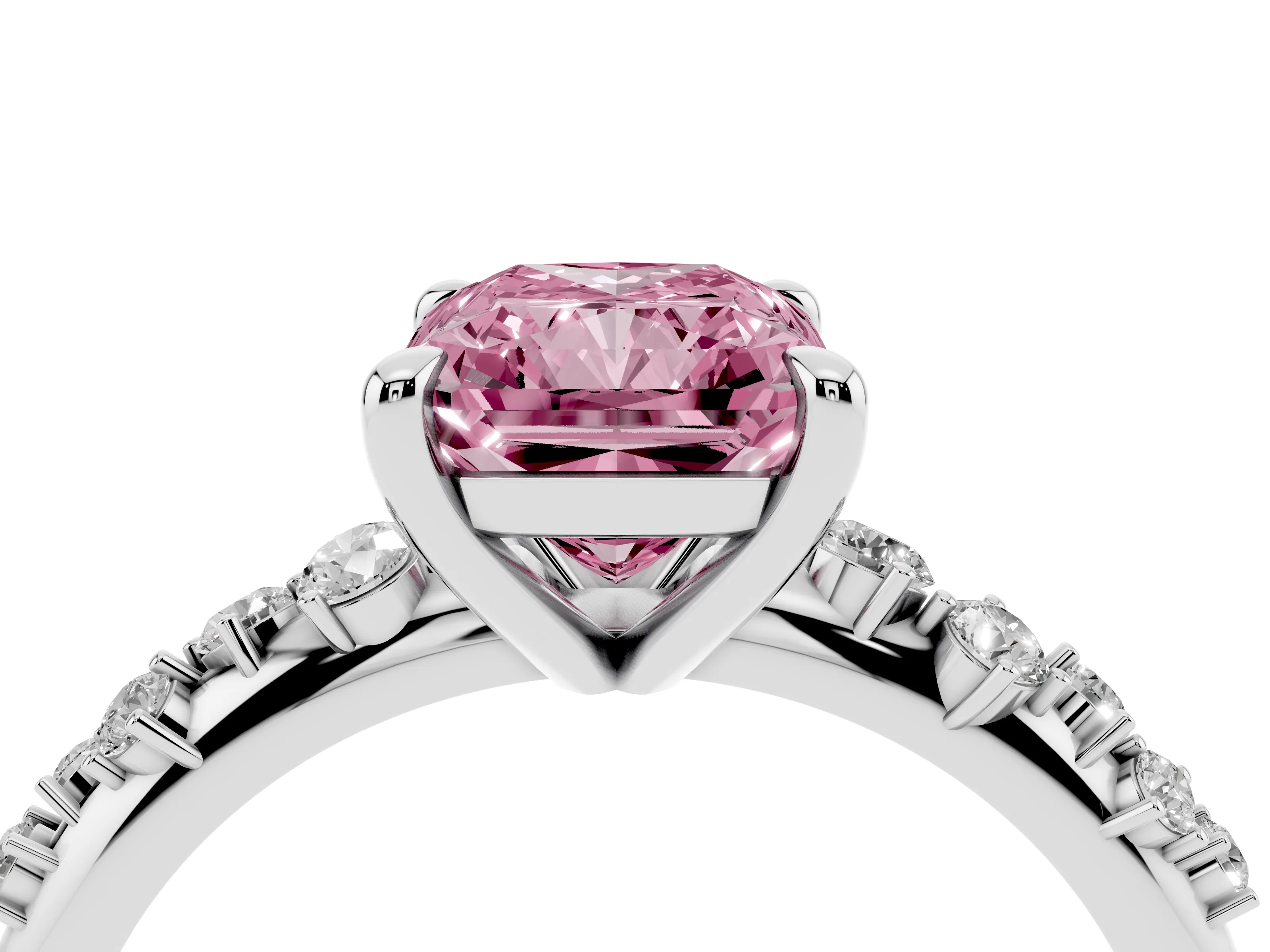 Fancy Pink Radiant Cut Diamond Solitaire Vine Band Ring Set in Silver with Round Accents and Prong Setting