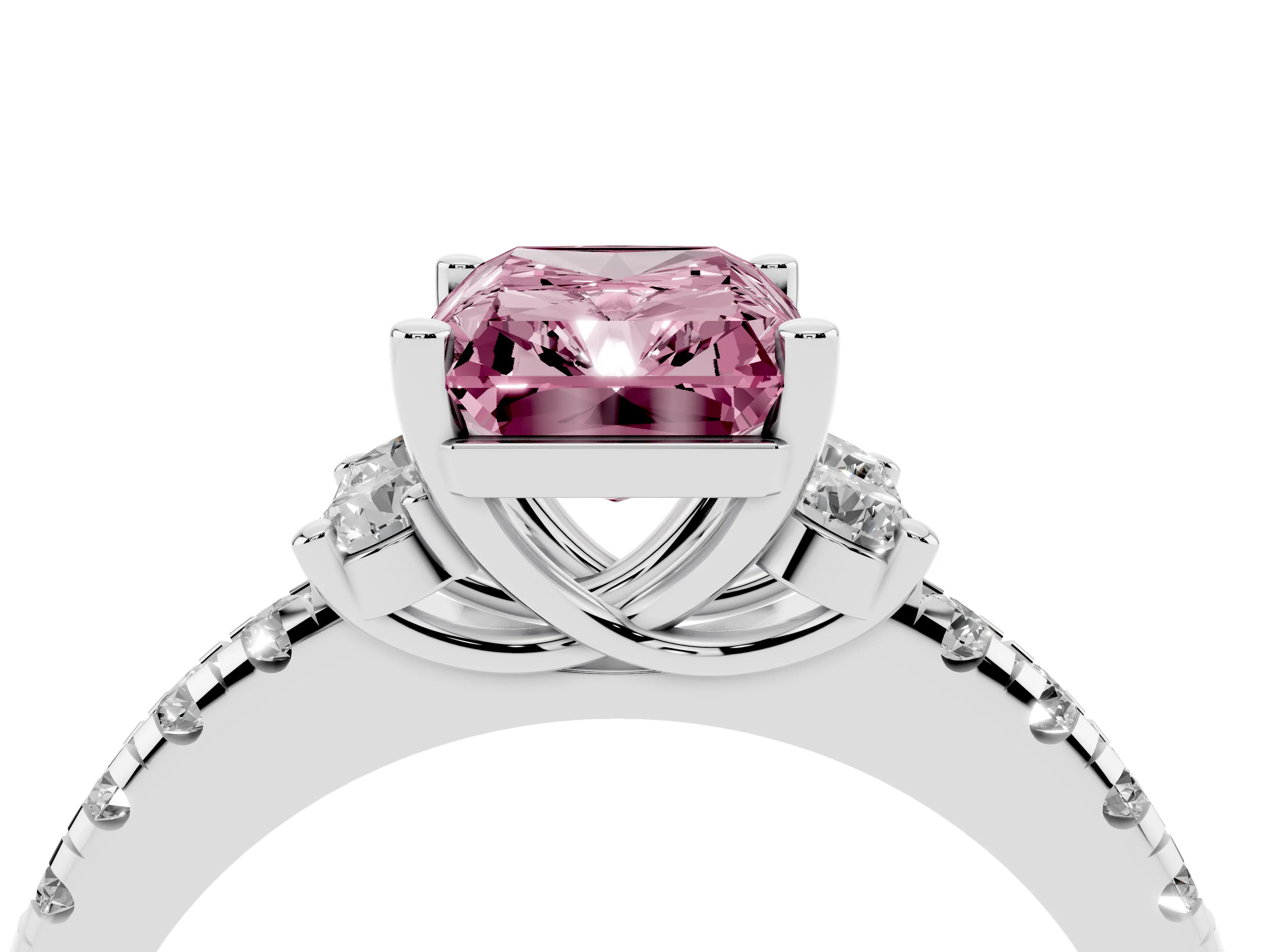 Fancy Pink Radiant Cut Diamond Three-Stone Pavé Ring Set in Silver with Prong Setting