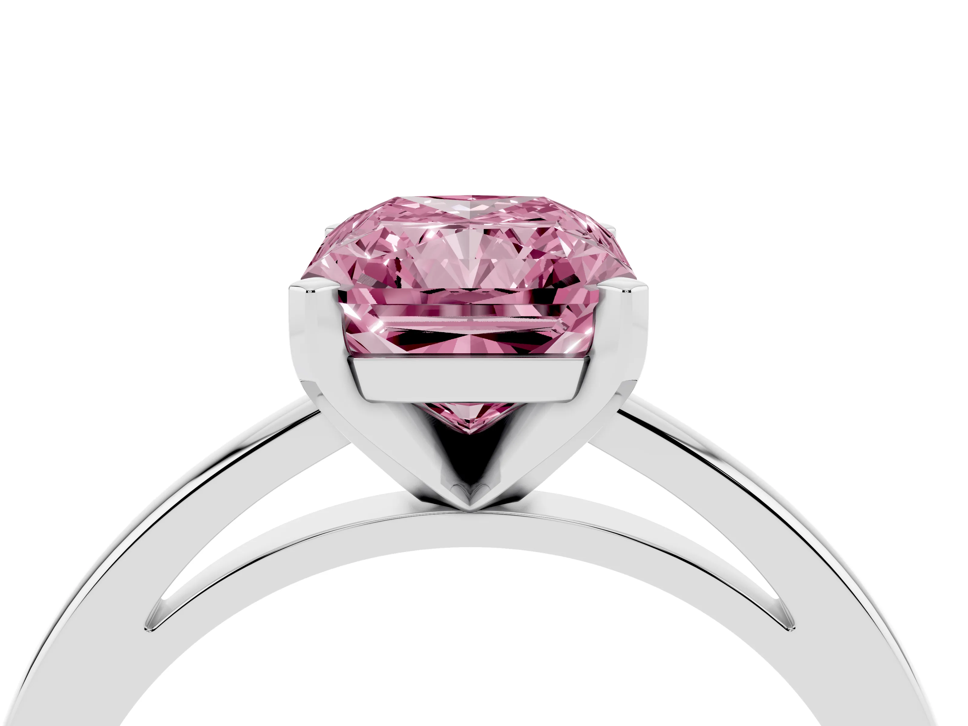 Fancy Pink Radiant Cut Diamond Solitaire Engagement Ring Set in Platinum with Prong Setting on a Classic Band