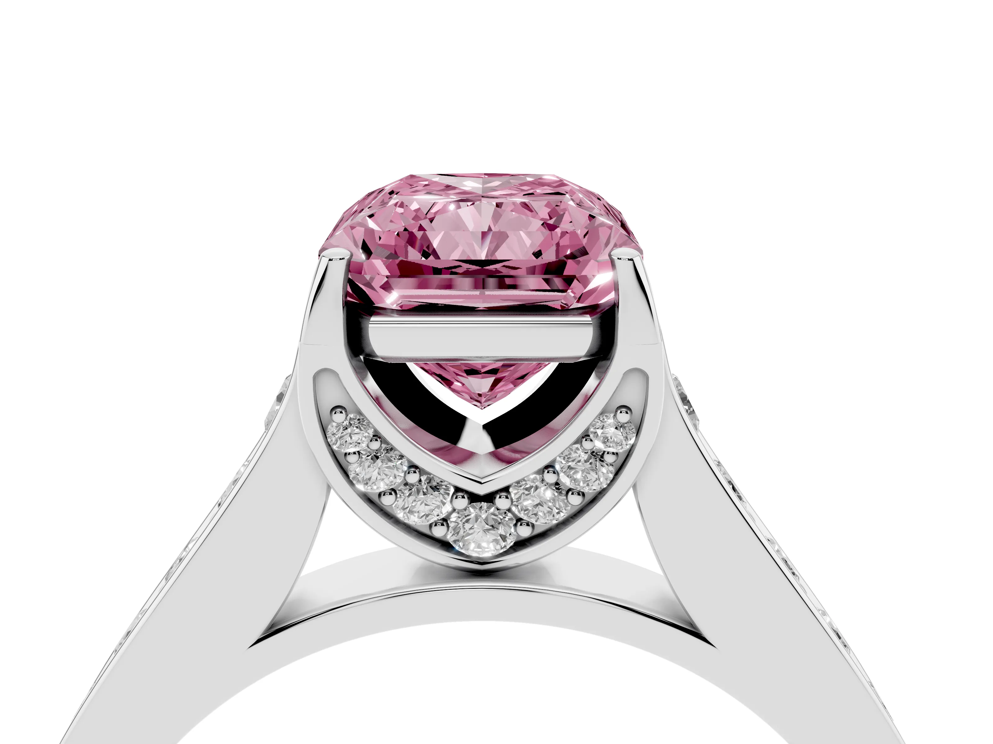 Fancy Pink Radiant Cut Diamond Solitaire Pavé Engagement Ring Set in Platinum with Prong Setting