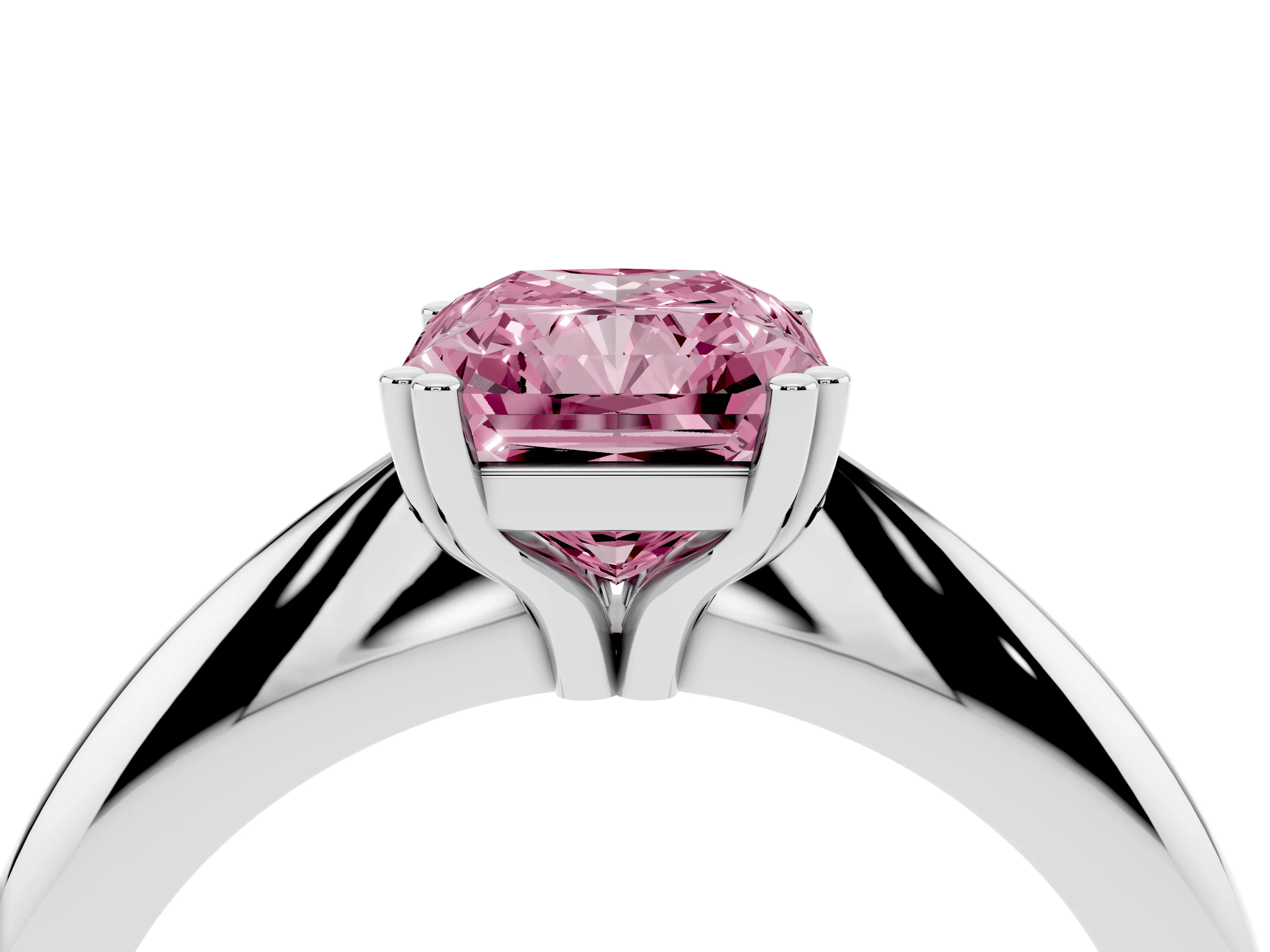 Fancy Pink Radiant Cut Diamond Solitaire Engagement Ring Set in White gold with Tapered Band and Prong Setting