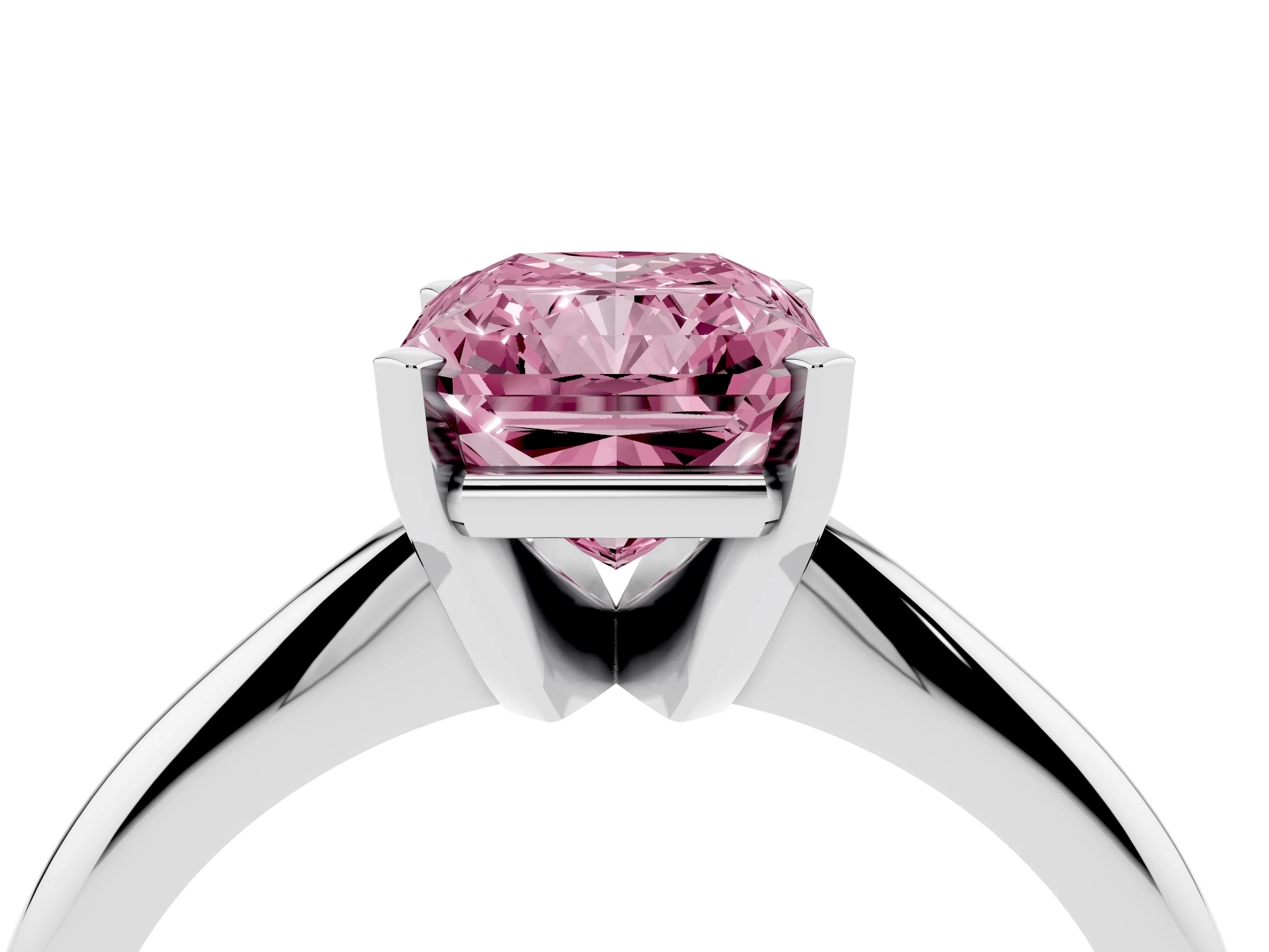 Fancy Pink Radiant Cut Diamond Solitaire Ring Set in Platinum with Prong Setting on a Plain Round Band