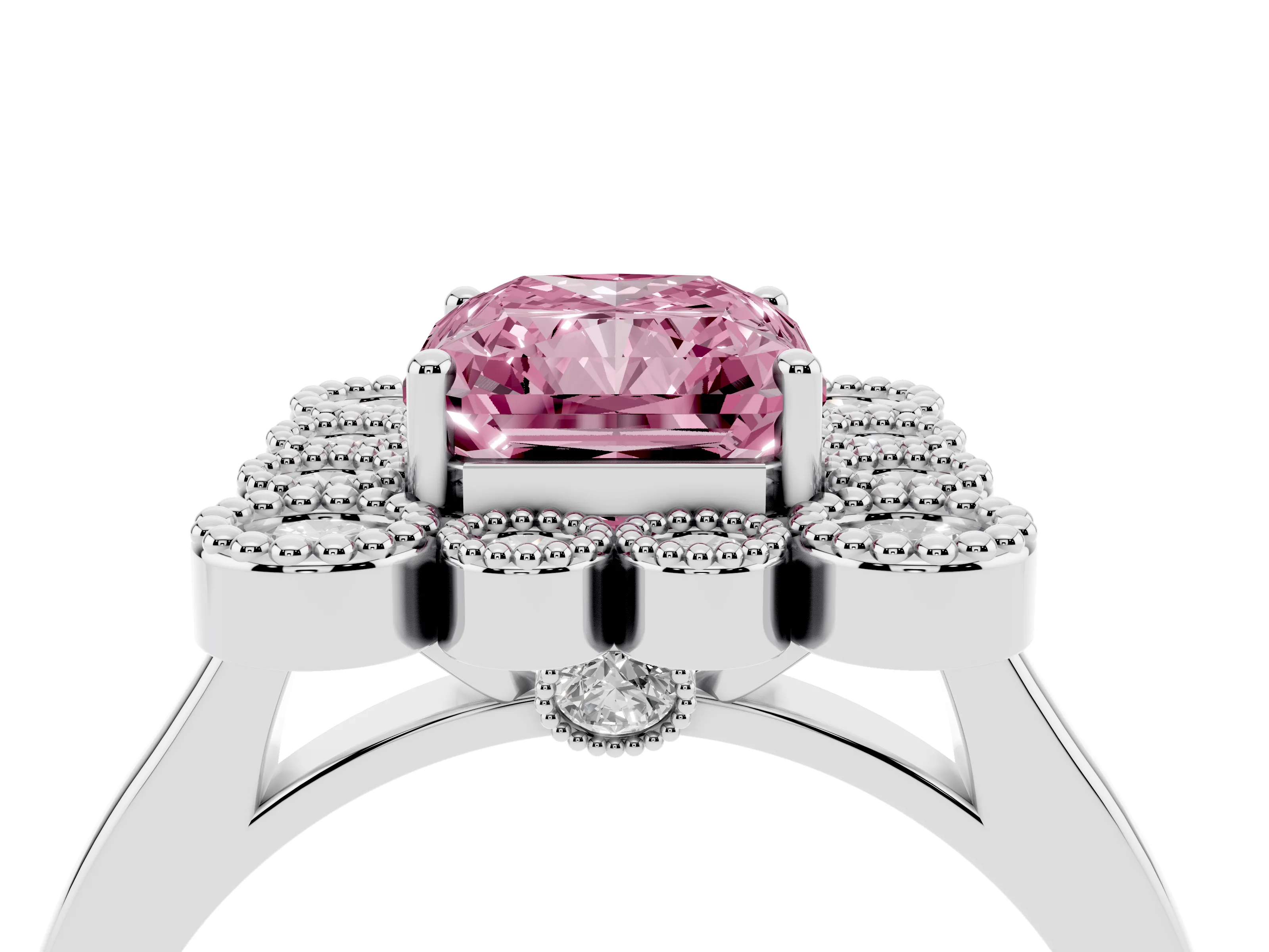 Fancy Pink Radiant Cut Diamond Cluster Halo Ring Set in White gold with Milgrain Bezel Accents and Plain Band