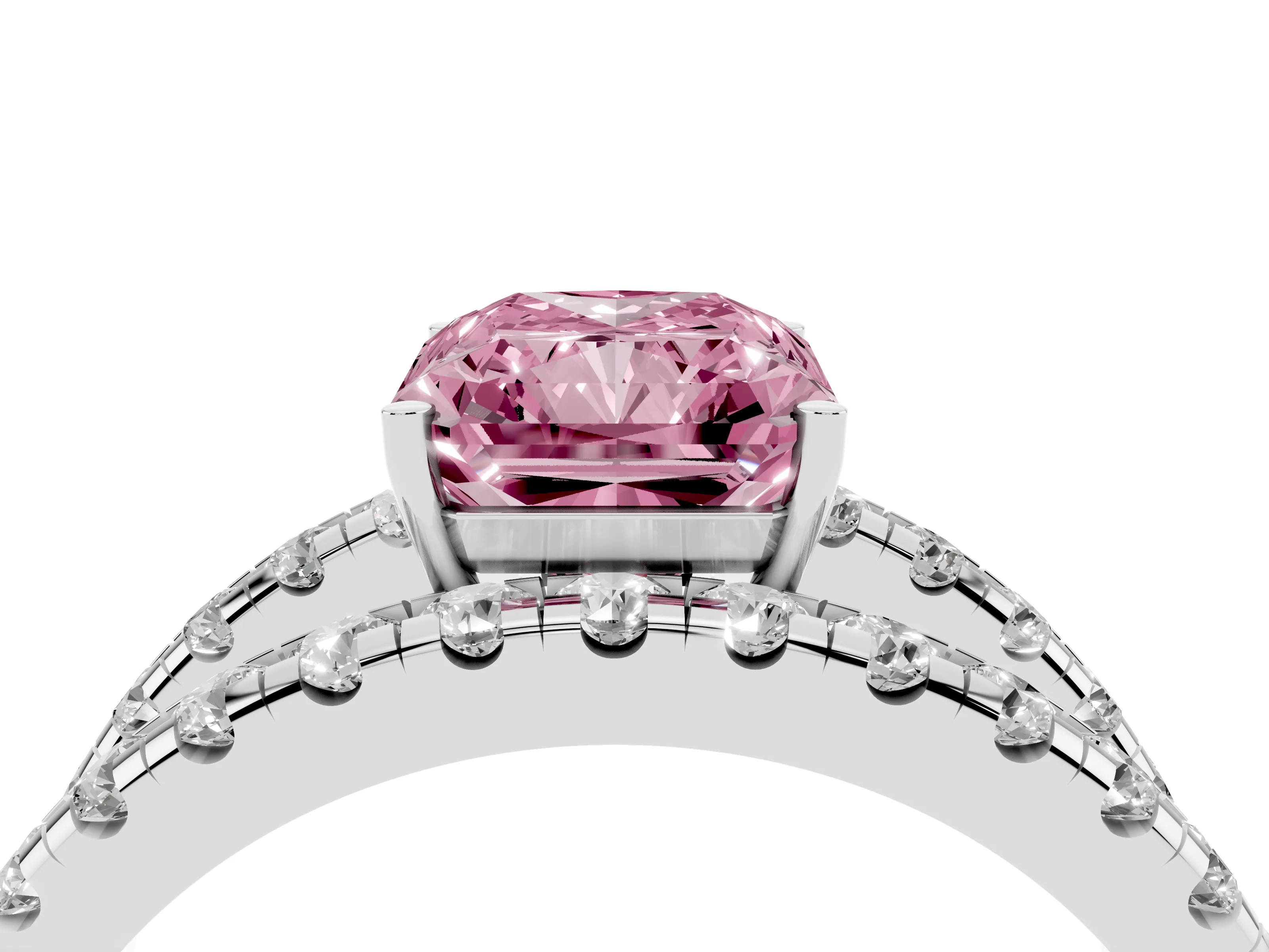 Fancy Pink Radiant Cut Diamond Split Shank Pavé Solitaire Ring Set in Platinum with Open Shank Design